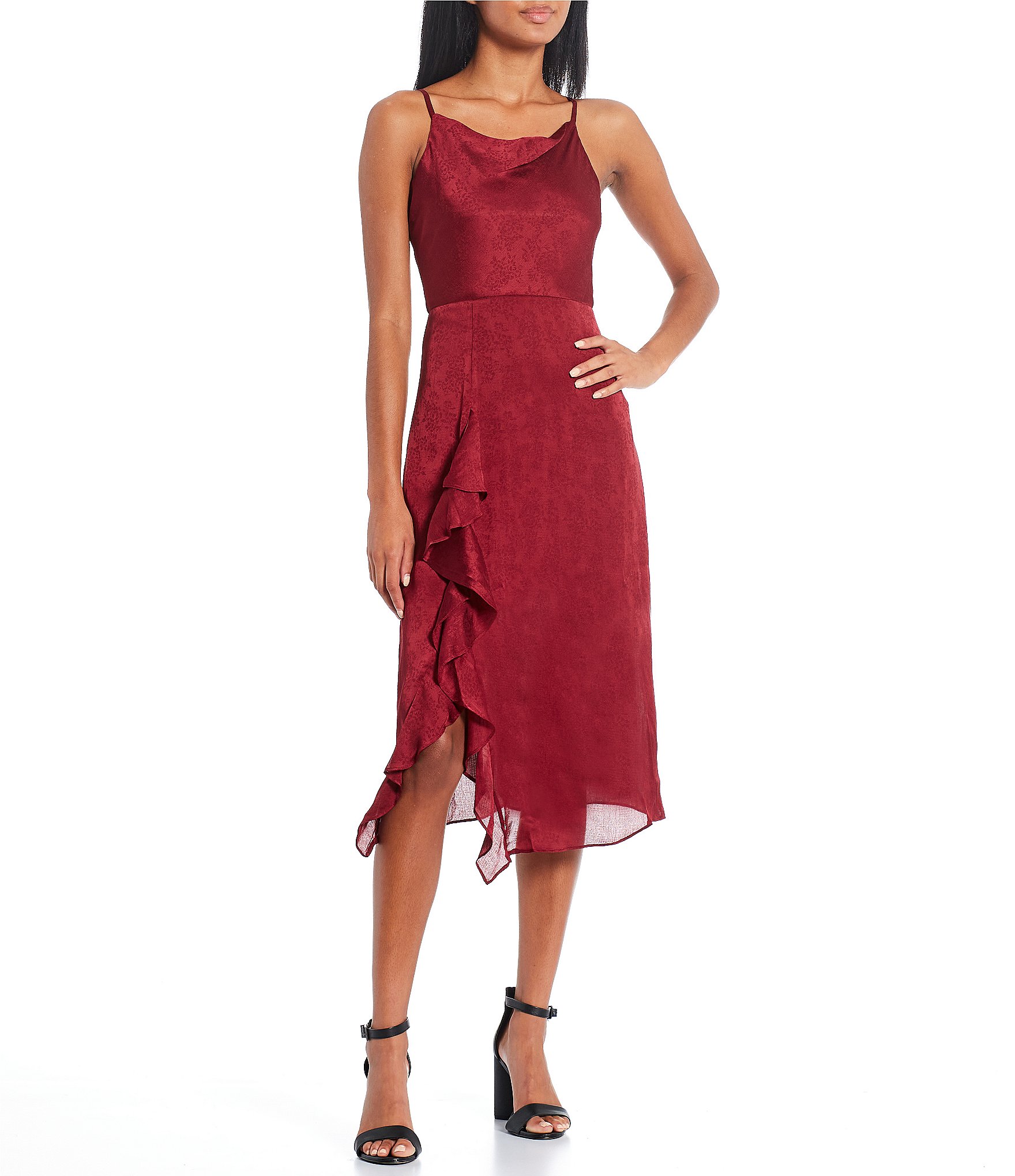 I.N. San Francisco Cowl Neck Lace Drape Skirt Midi Dress | Dillard's