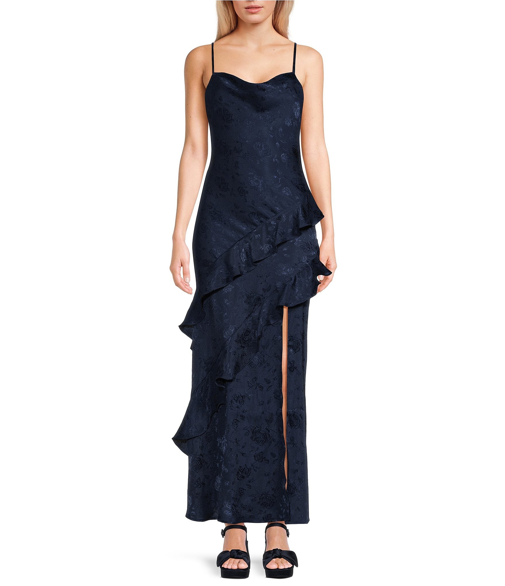 I.N. San Francisco Drape Neck Asymmetrical Ruffled Maxi Slip Dress