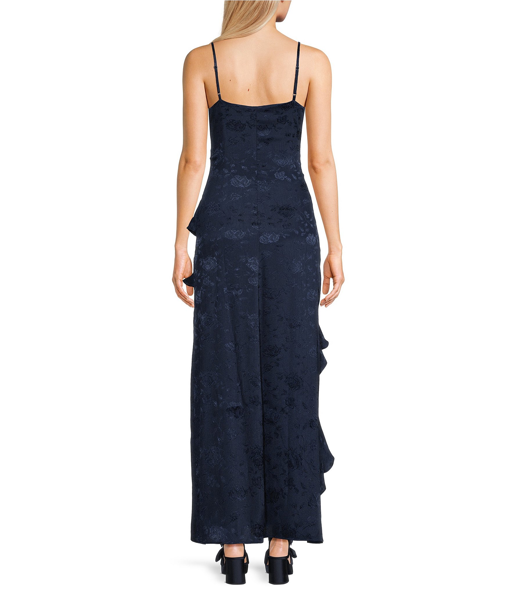 I.N. San Francisco Drape Neck Asymmetrical Ruffled Maxi Slip Dress