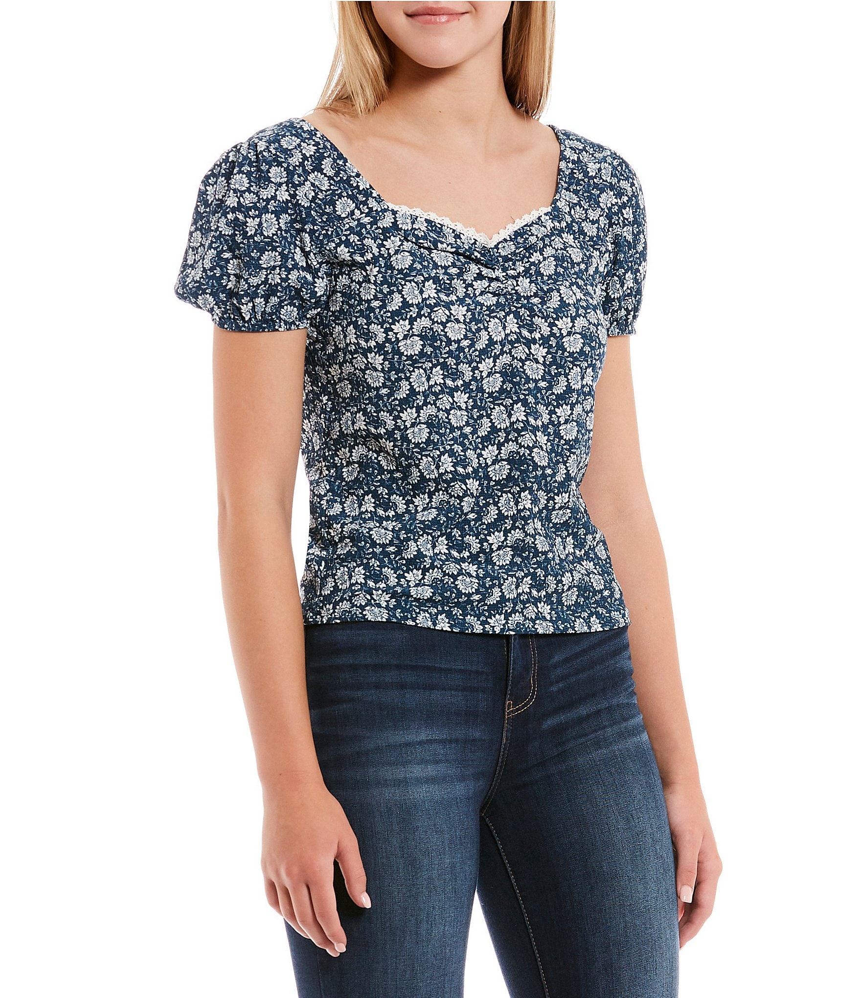 Evolutionary Sweetheart Neck Short Sleeve Cinched Front Top | Dillard's