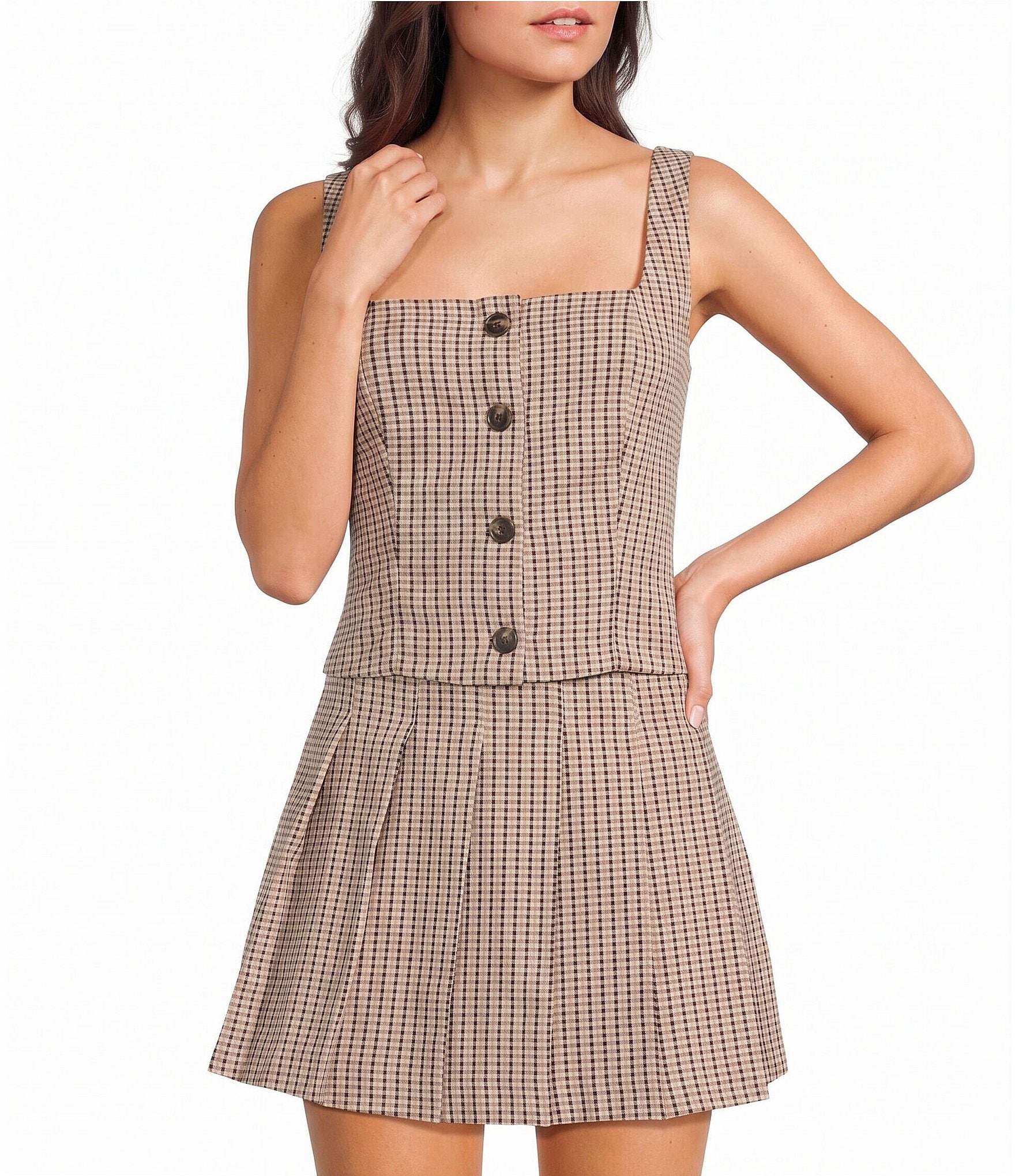 I.N. San Francisco Plaid Square Neck Button Front Cropped Coordinating Vest