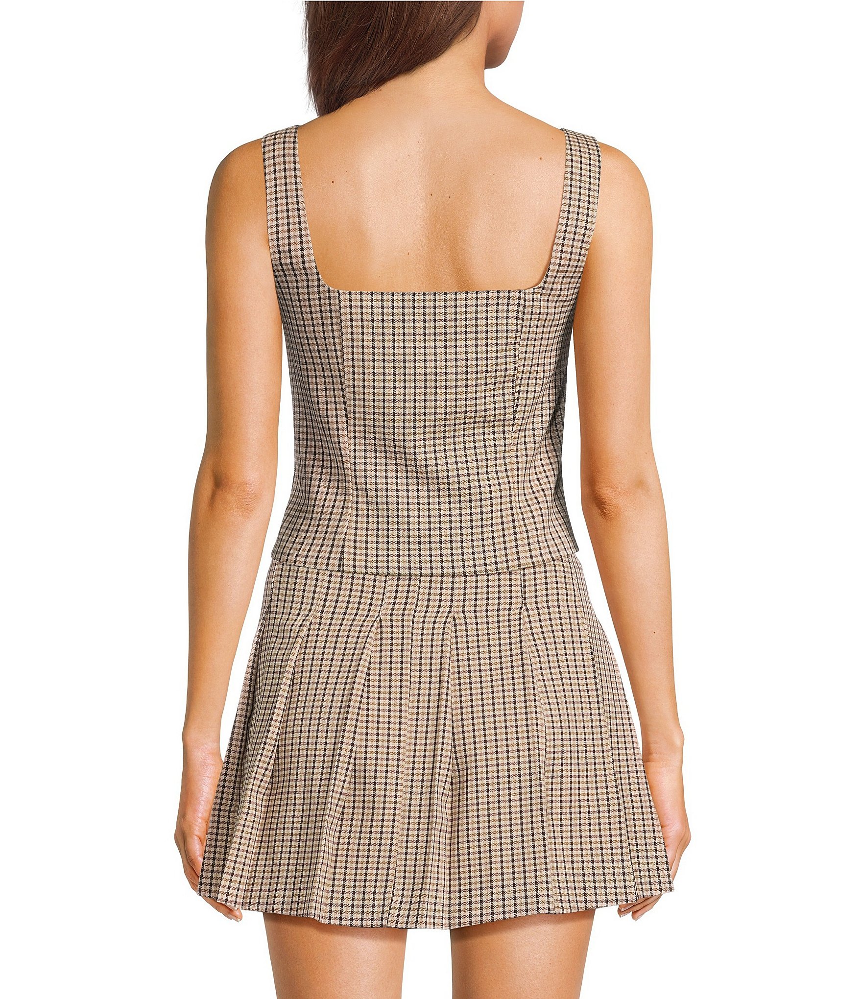 I.N. San Francisco Plaid Square Neck Button Front Cropped Coordinating Vest