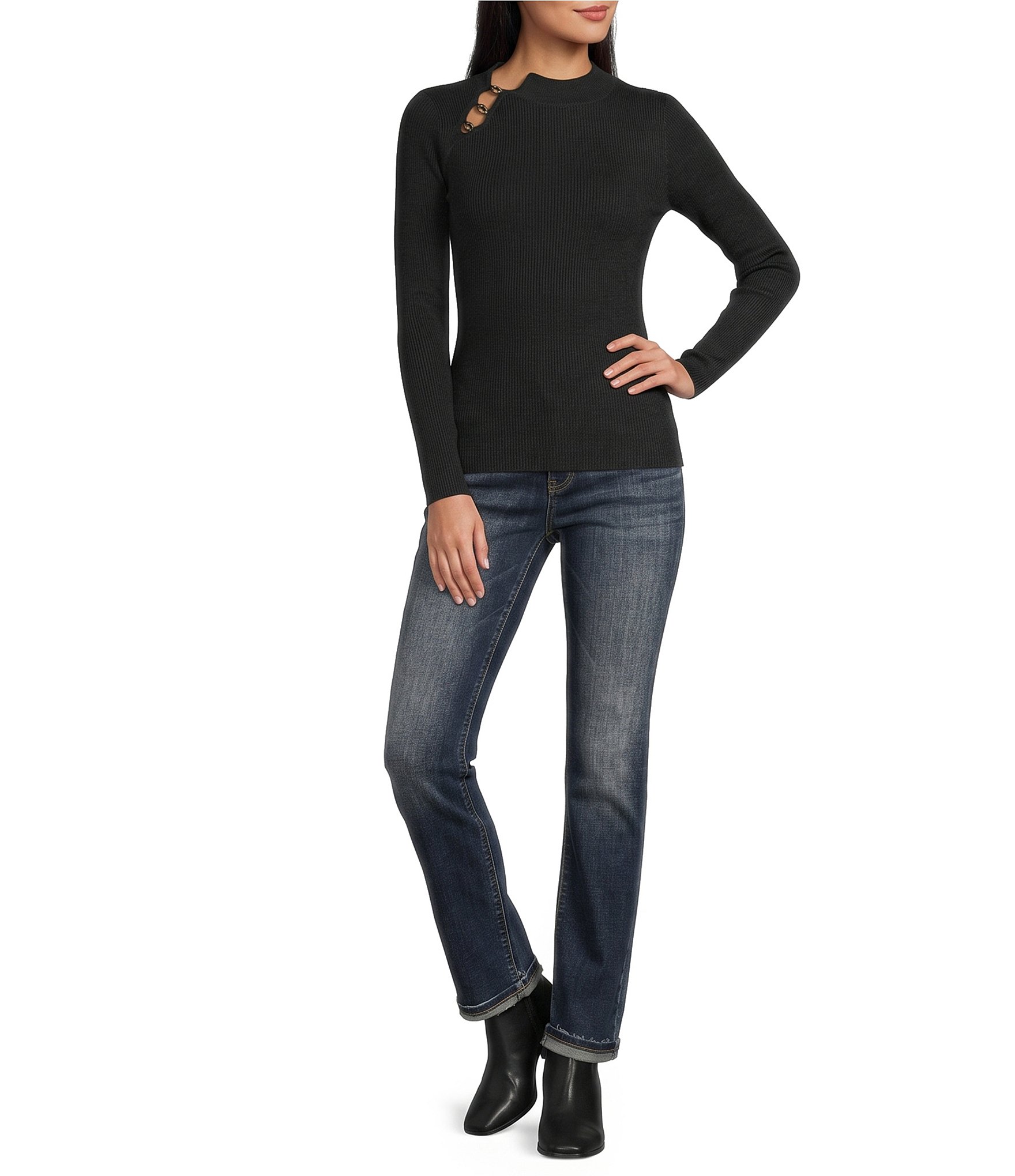 I.N. San Francisco Ribbed Knit Mock Neck Button Detailed Long Sleeve Sweater