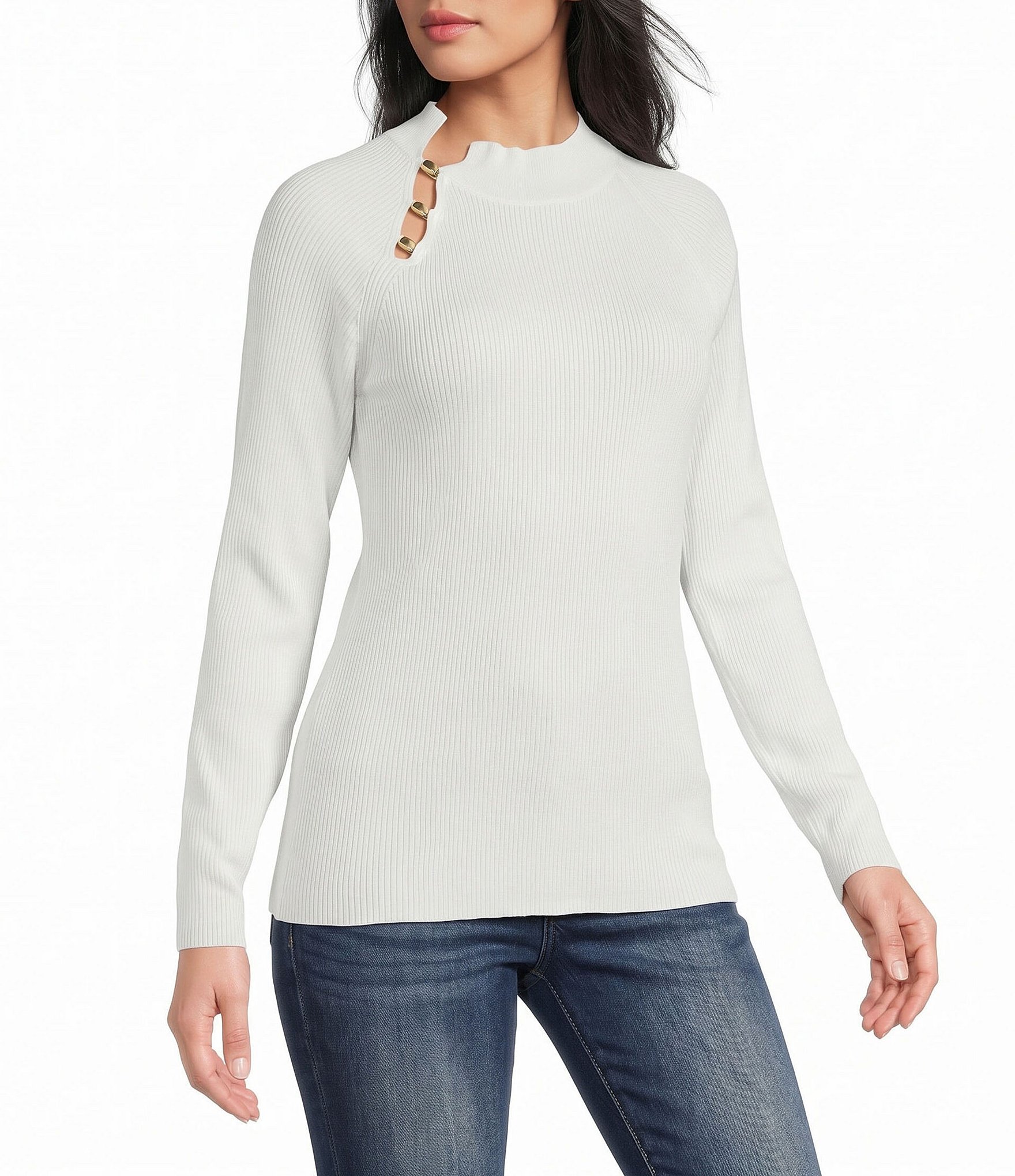 I.N. San Francisco Ribbed Knit Mock Neck Button Detailed Long Sleeve Sweater