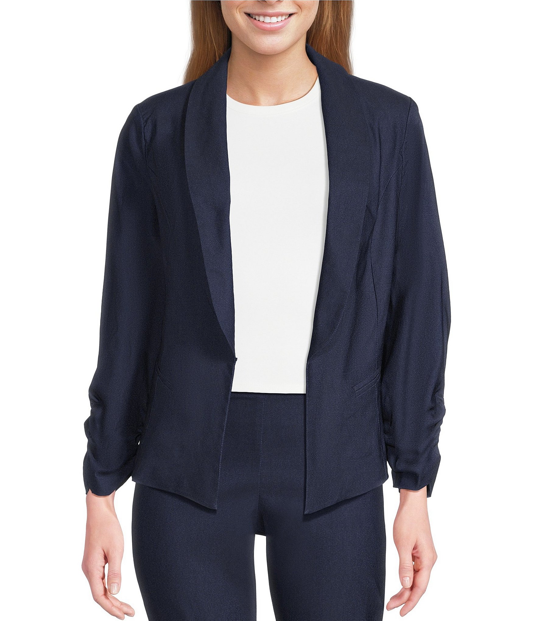 I.N. San Francisco Round Lapel 3/4 Shirred Sleeve One Button Blazer