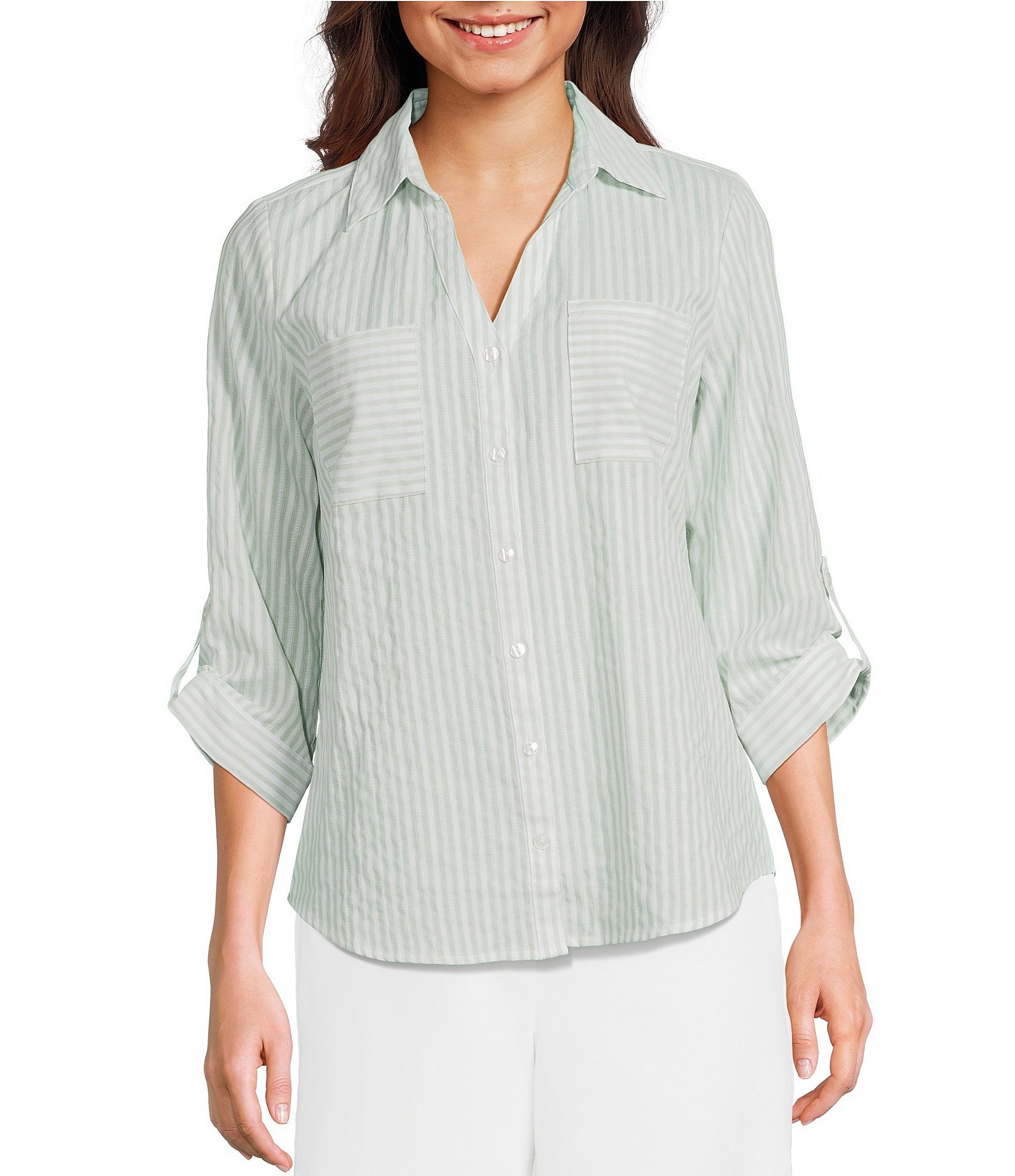 I.N. San Francisco Striped Pocket Front 3/4 Sleeve Button Front Shirt