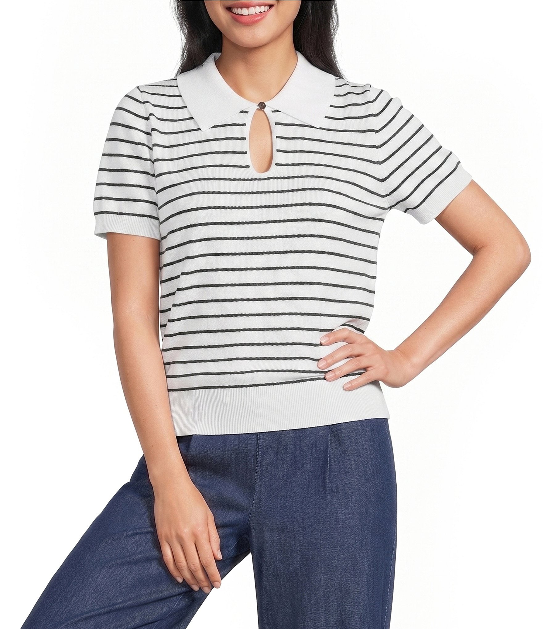 I.N. San Francisco Striped Short Sleeve Collared Keyhole Front Sweater Top