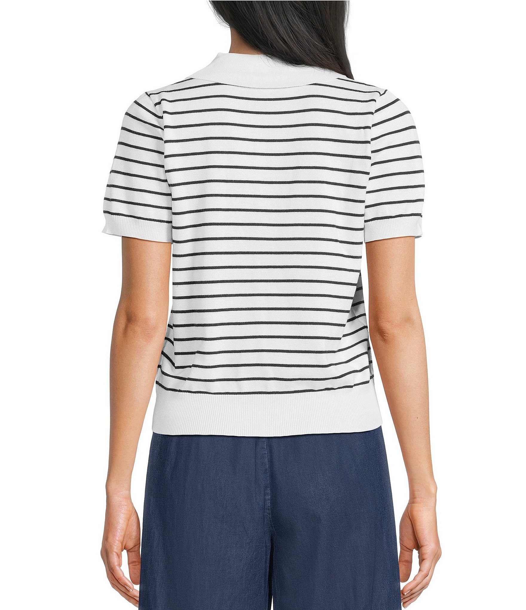 I.N. San Francisco Striped Short Sleeve Collared Keyhole Front Sweater Top