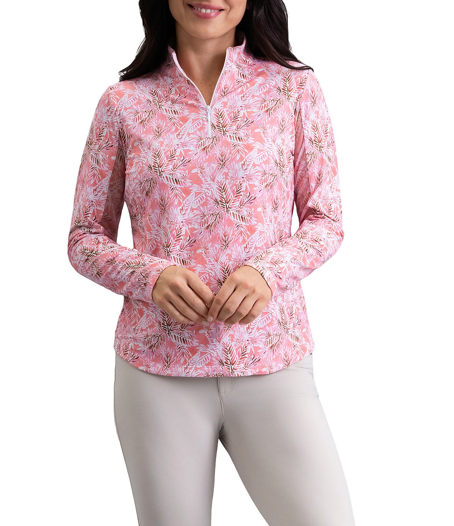 IBKUL Briana Printed Zip Mock Neck Long Sleeve Top