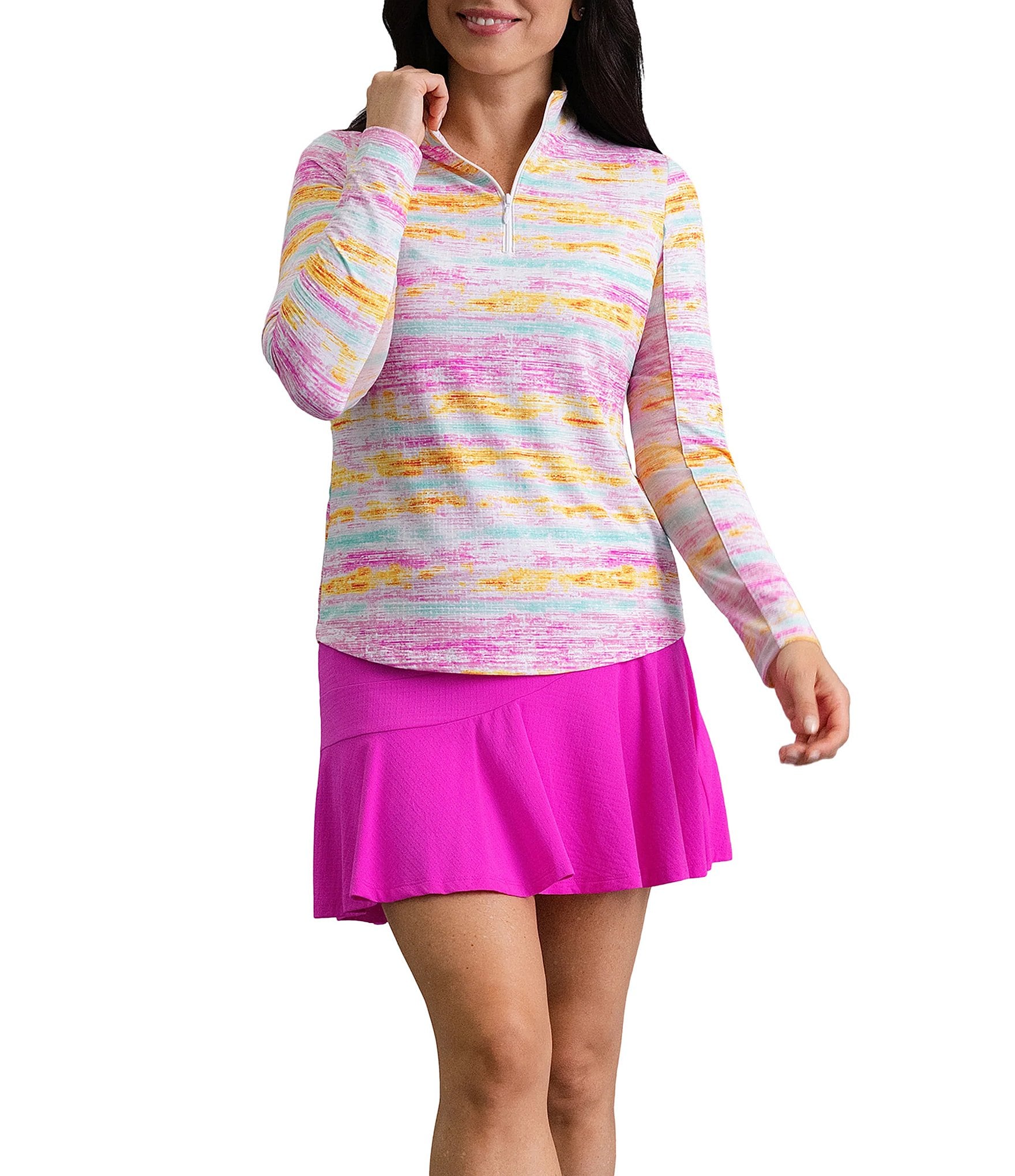 IBKUL Gia Printed Zip Mock Neck Long Sleeve Top