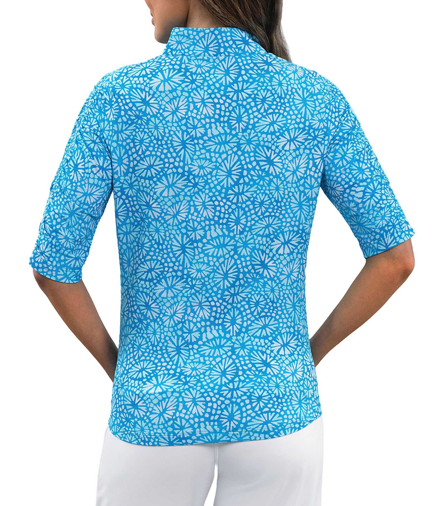 IBKUL Gladis Printed Mandararin Collar Ruched Elbow Sleeve Top