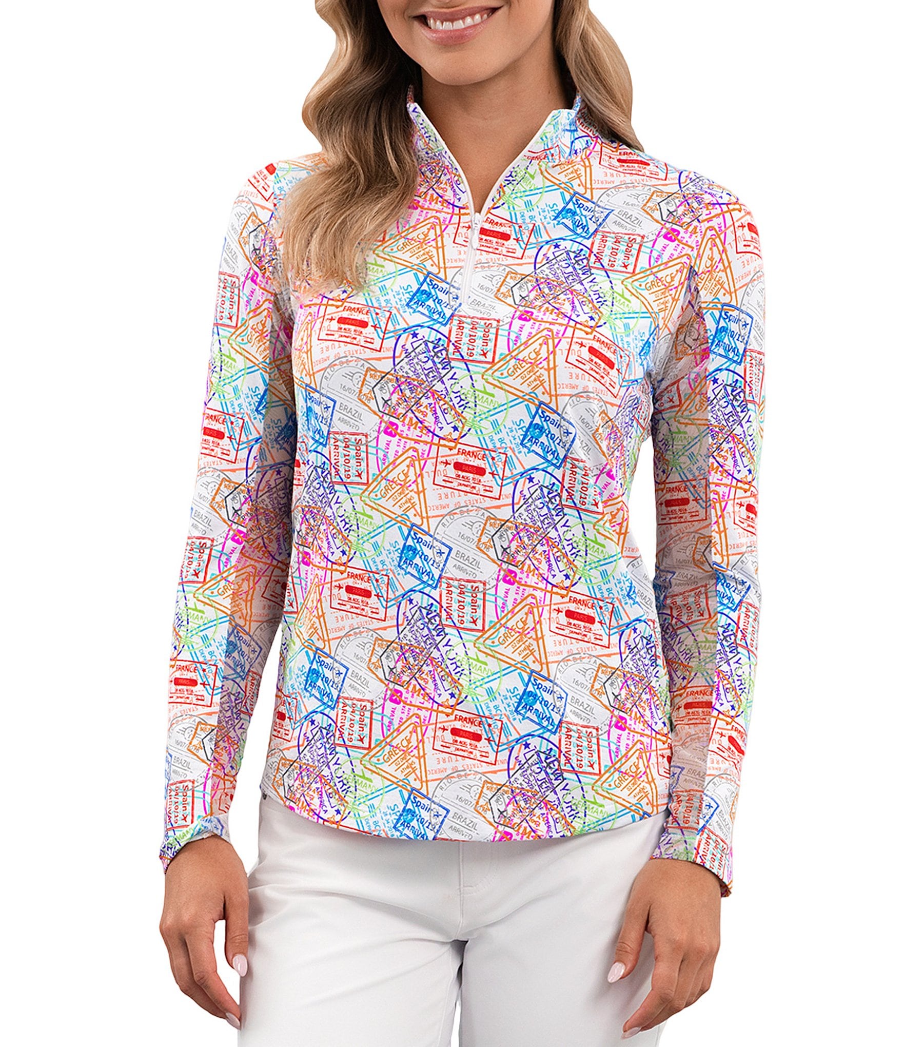 IBKUL Global Impressions Printed Zip Mock Neck Long Sleeve Top