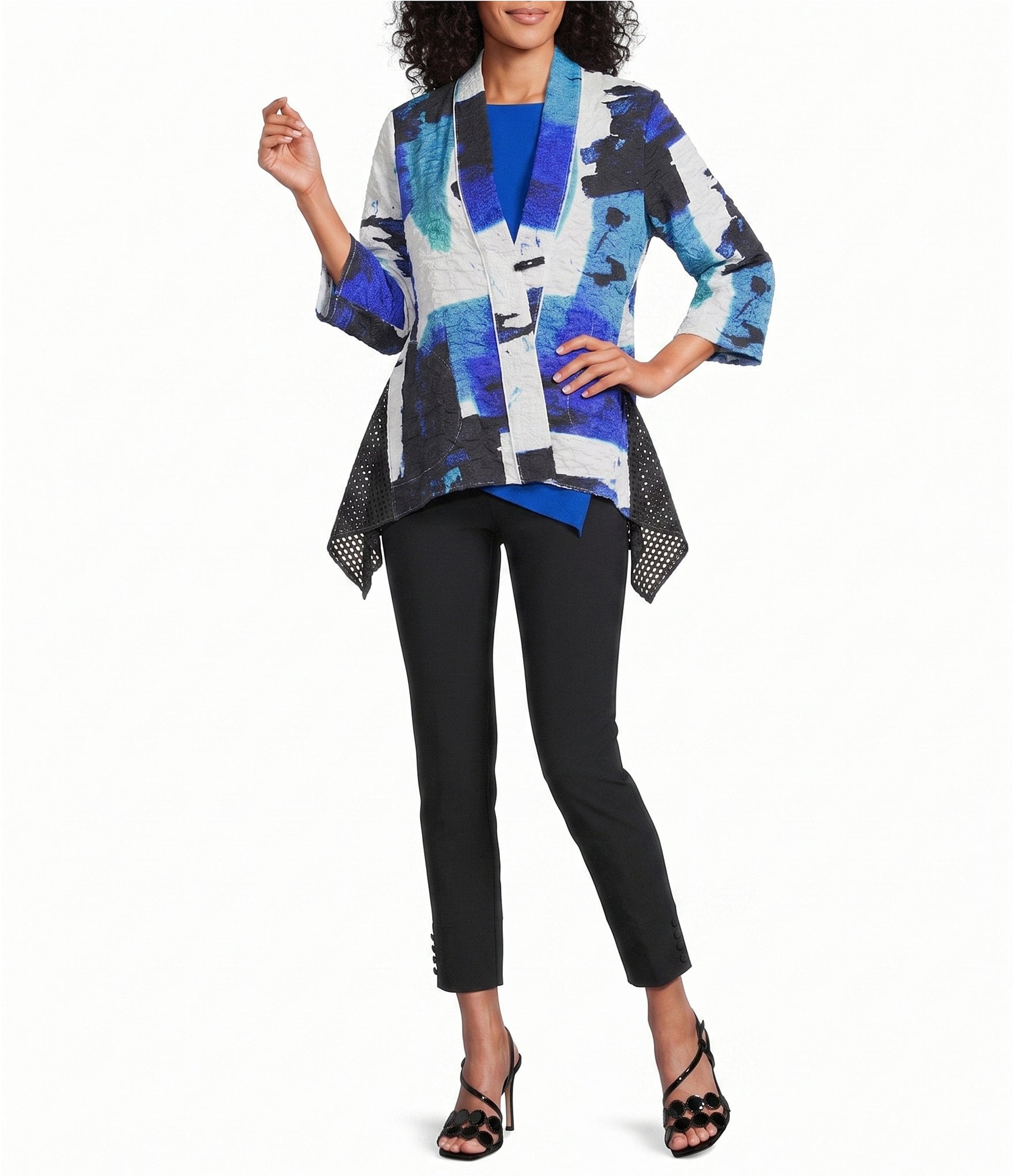 IC Collection Abstract Print Pucker Mesh V-Neck 3/4 Sleeve Jacket