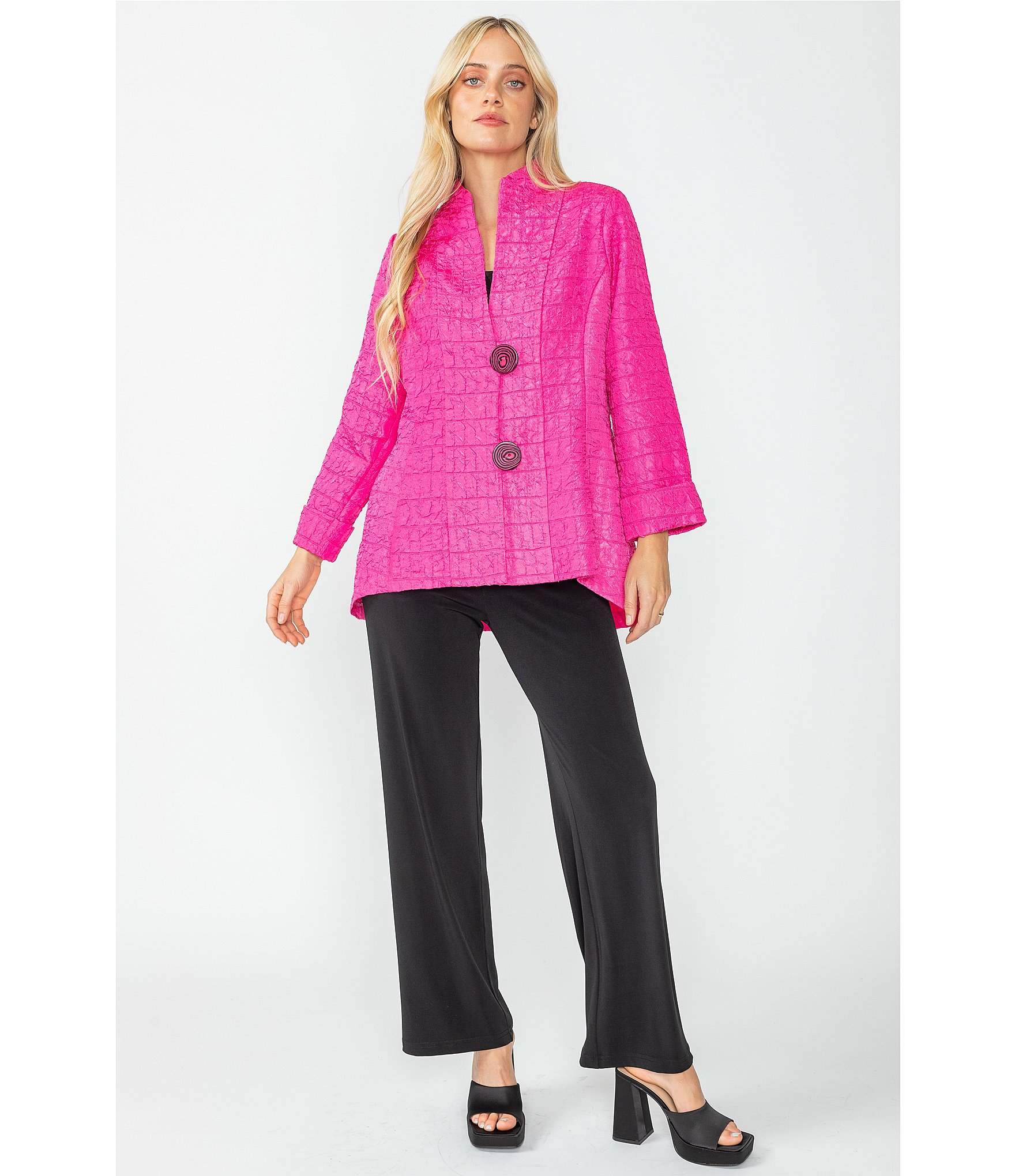 IC Collection Crinkle Jacquard Textured High Neck Bracelet Sleeve Button Front Jacket