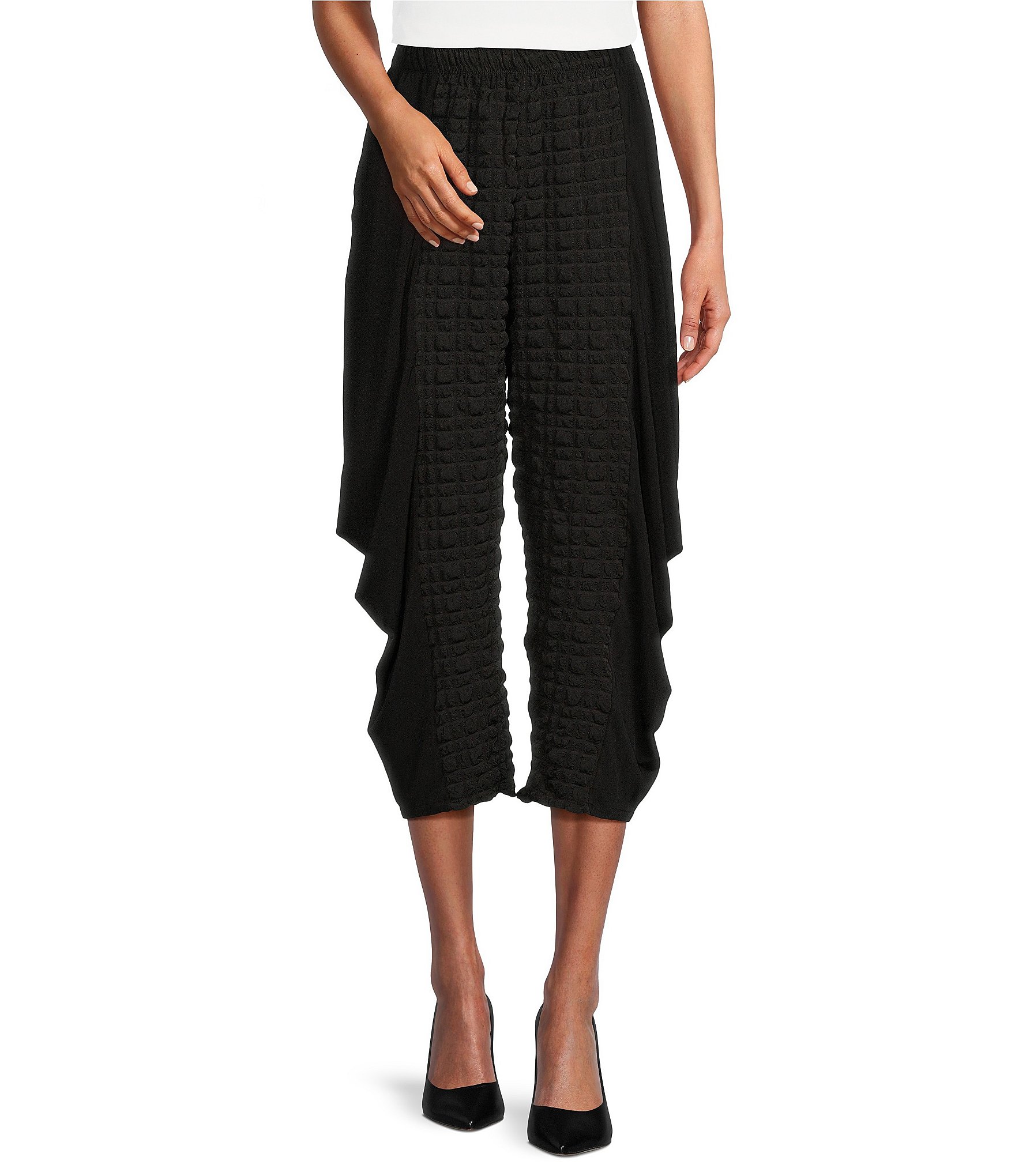 IC Collection Double Textured Puckered ITY Knit Elastic Waist Pocketed Side  Draped Pull-On Coordinating Cropped Pants | Dillard's