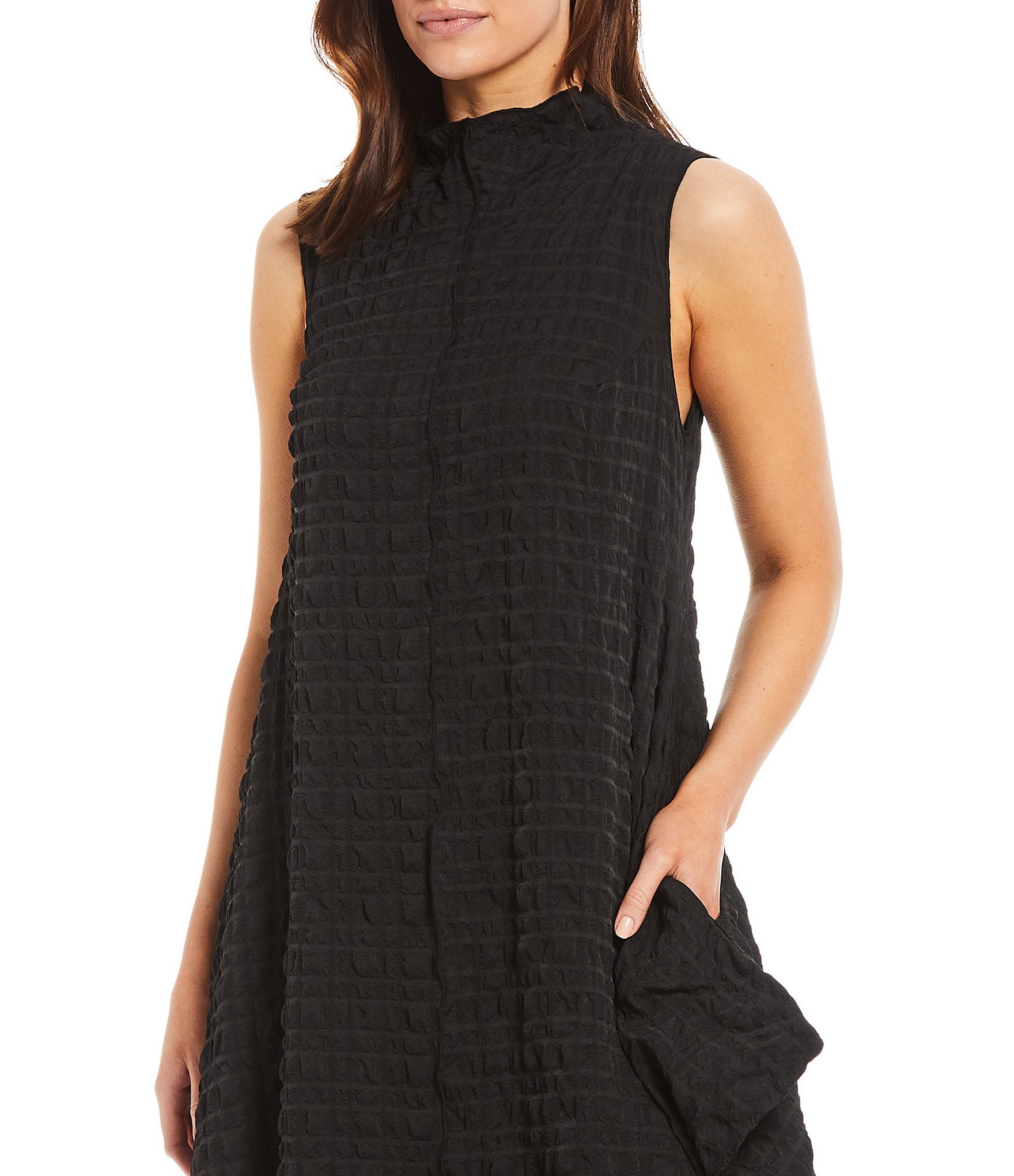 IC Collection Textured Bubble Check Woven Mock Neck Sleeveless Pocketed Swing Waistless Midi Dress