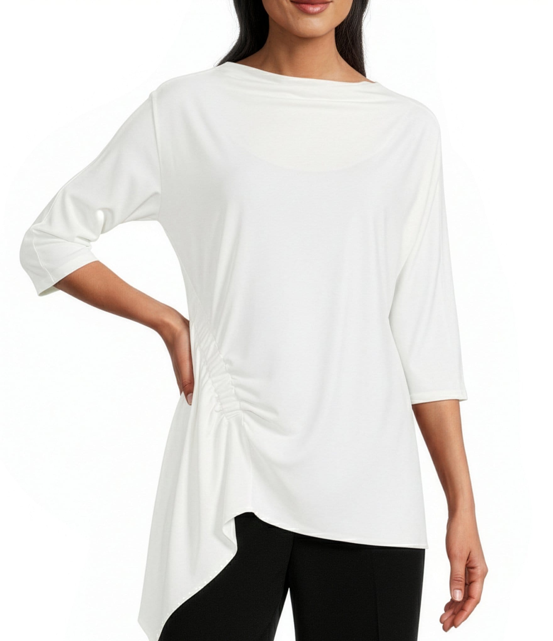 IC Collection Knit Cowl Neck 3/4 Sleeve Ruched Drape Top