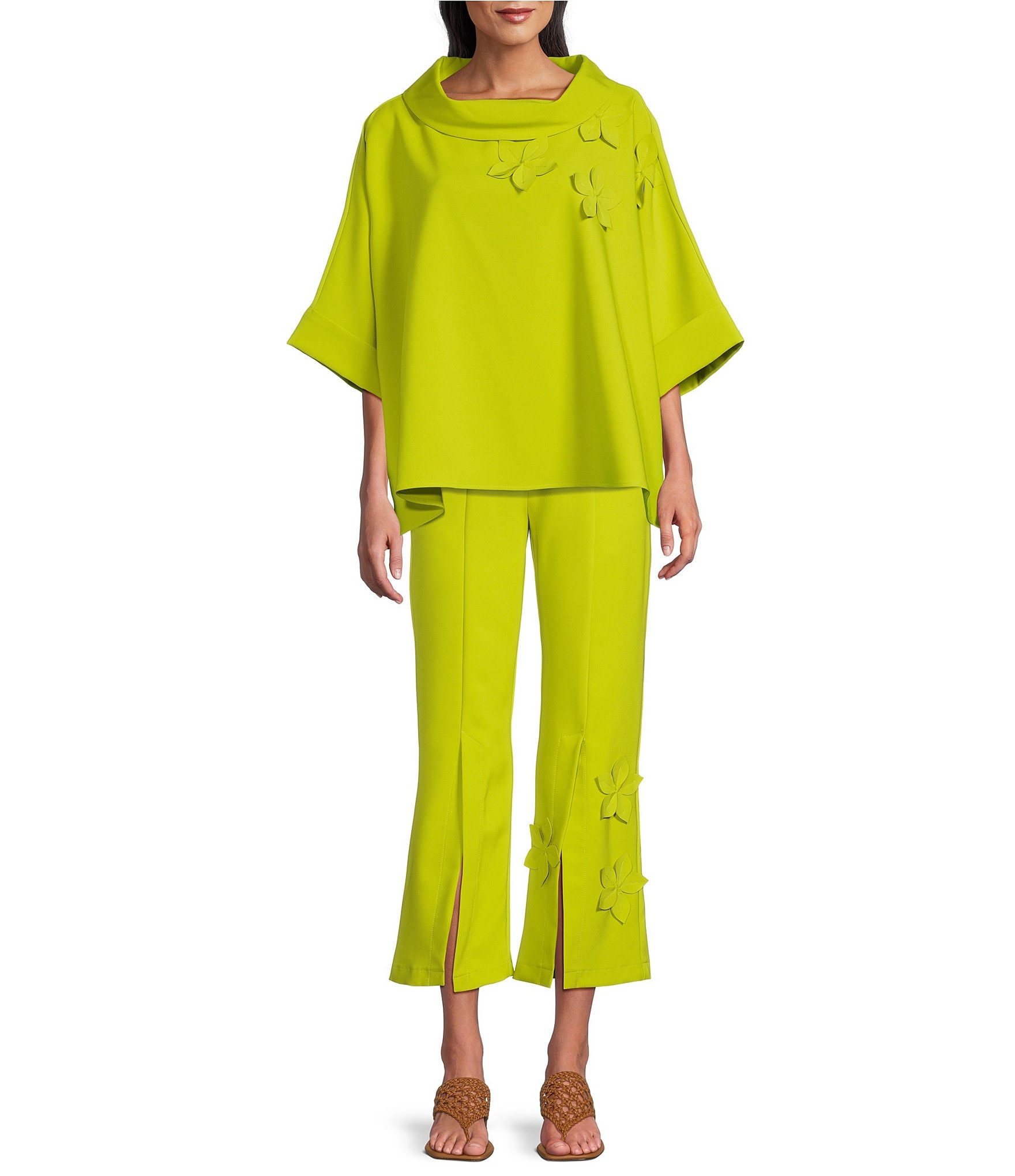 IC Collection Knit Front Slit 3D Floral Pull-On Pants