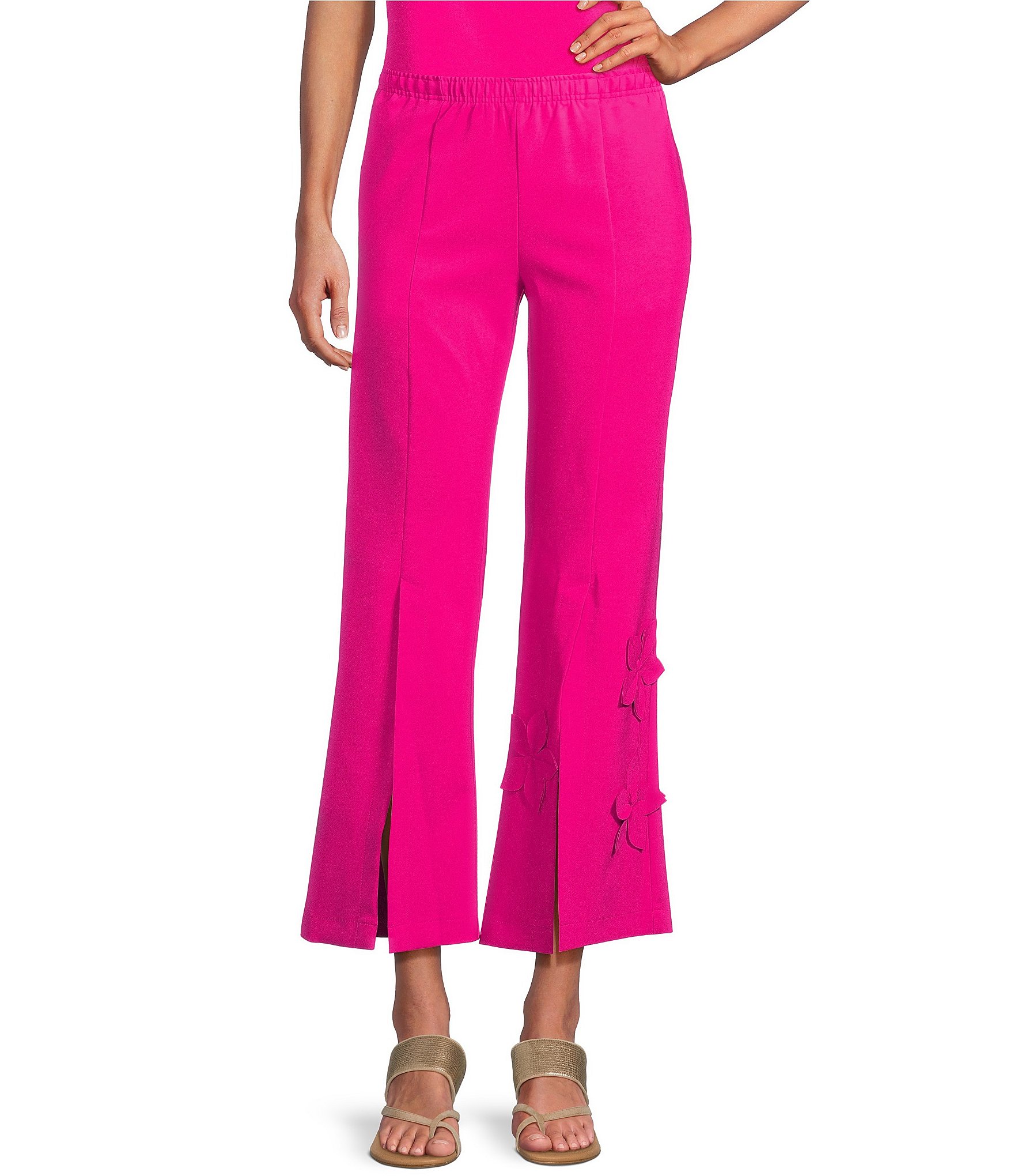 IC Collection Knit Front Slit 3D Floral Pull-On Pants