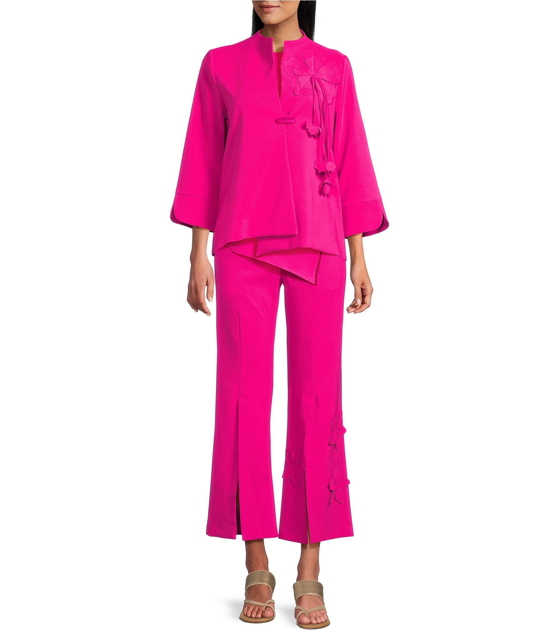 IC Collection Knit Front Slit 3D Floral Pull-On Pants