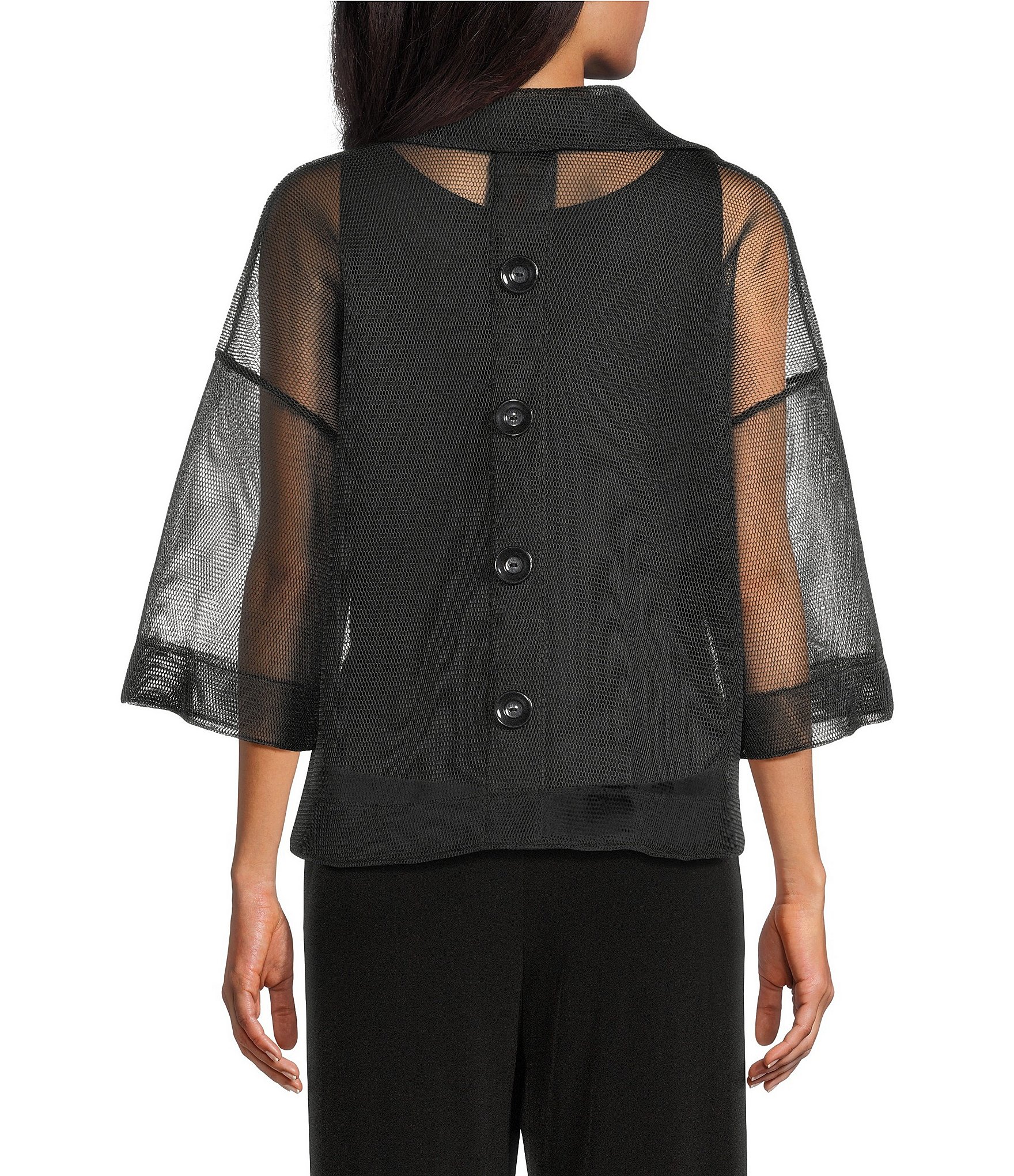 IC Collection Mesh Knit Point Collar 3/4 Sleeve Button-Front Jacket