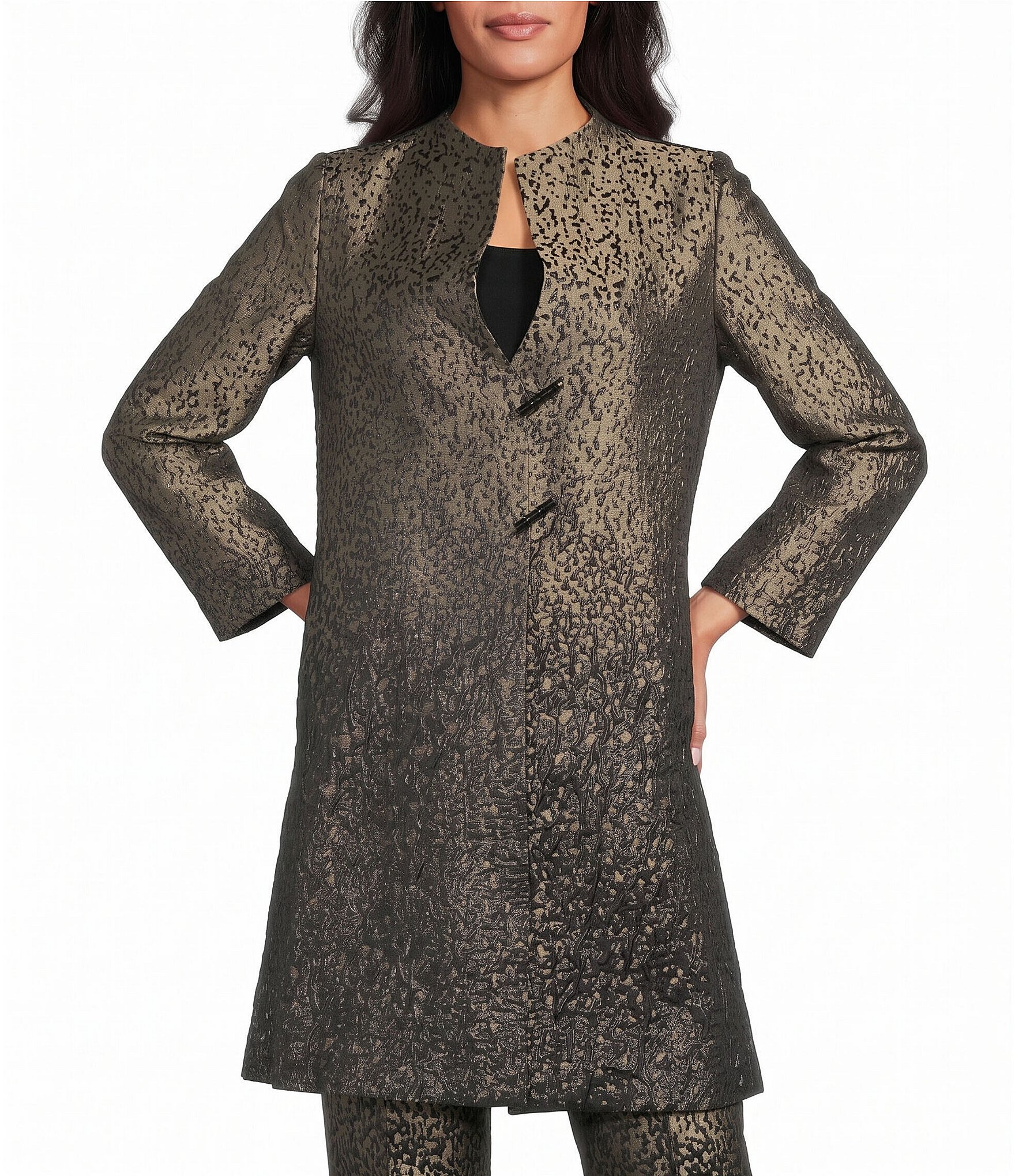 IC Collection Metallic-Blend Ombre Round Neck 3/4 Sleeve Long Duster Jacket