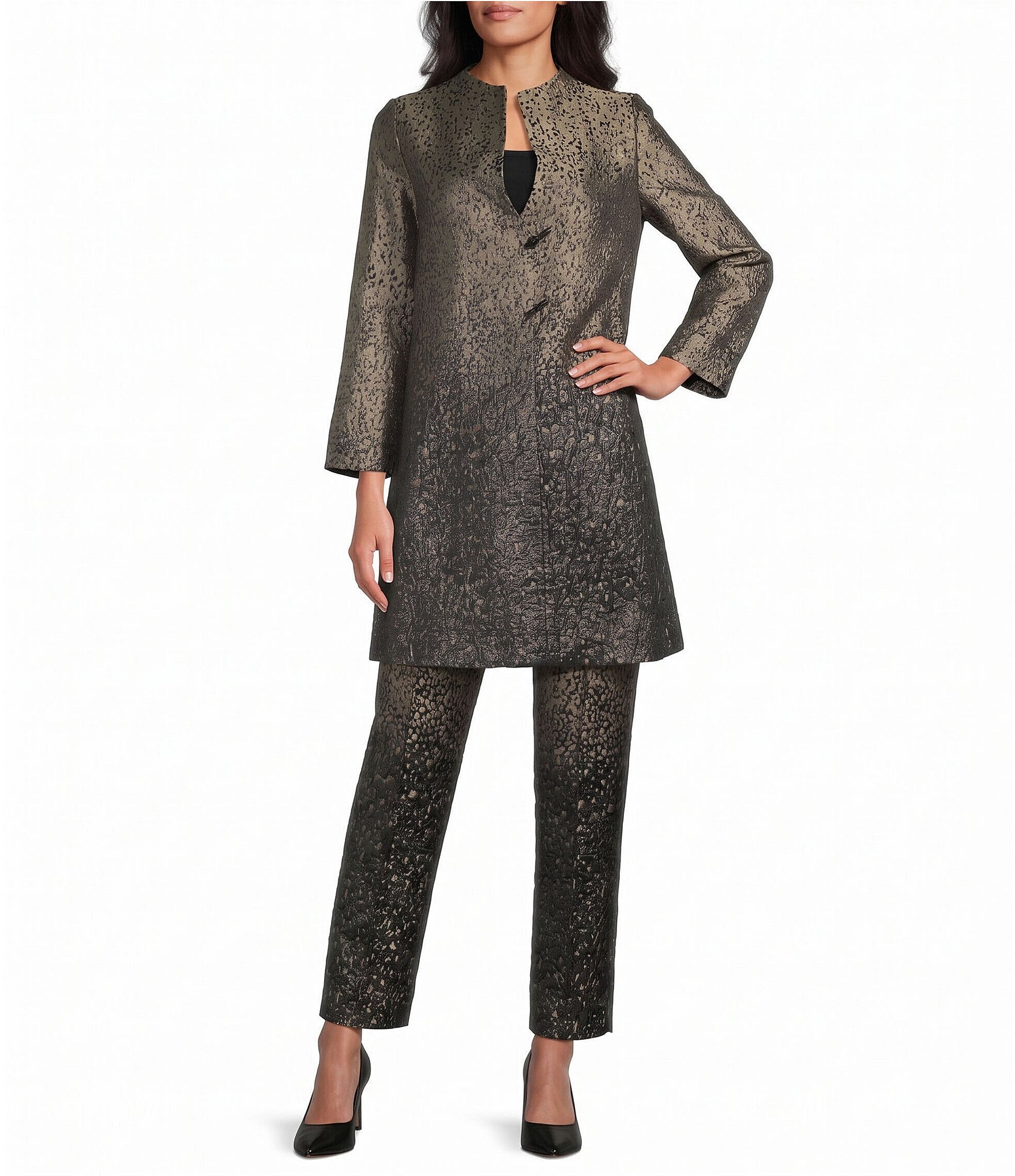 IC Collection Metallic-Blend Ombre Round Neck 3/4 Sleeve Long Duster Jacket