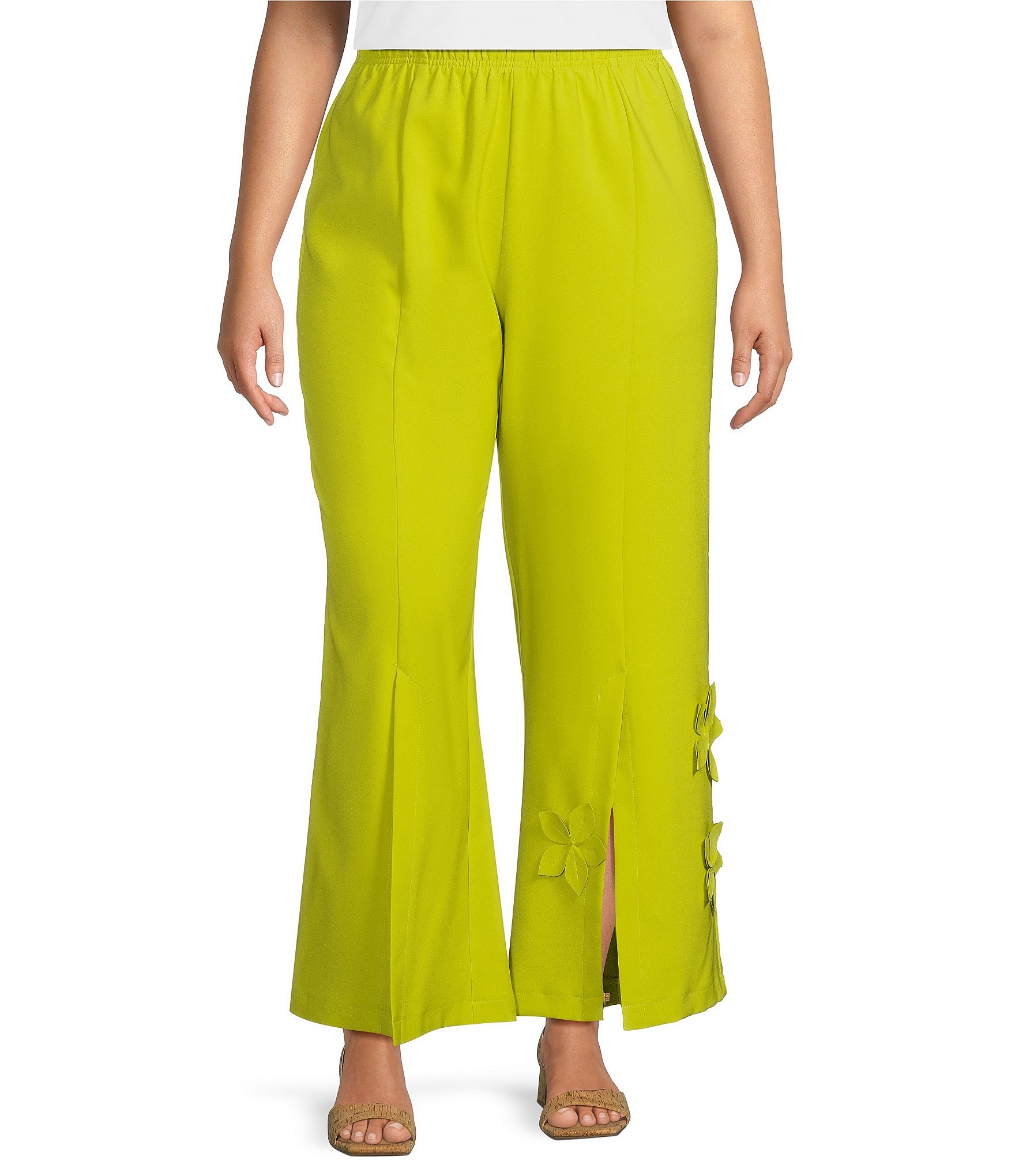 IC Collection Plus Knit Front Slit 3D Floral Pull-On Pants