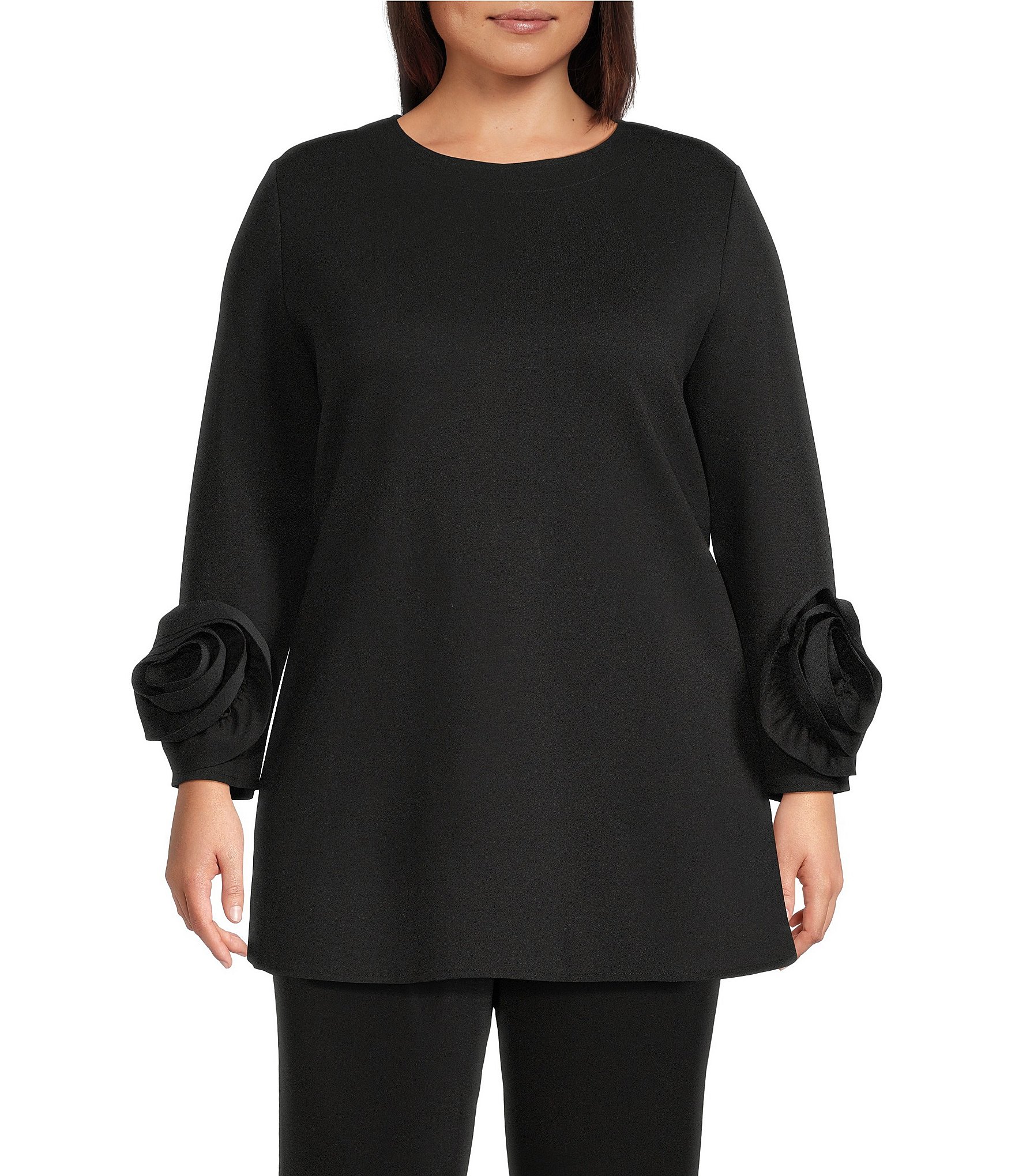 IC Collection Plus Knit Round Neck Long Sleeves Rosette Cuff Tunic