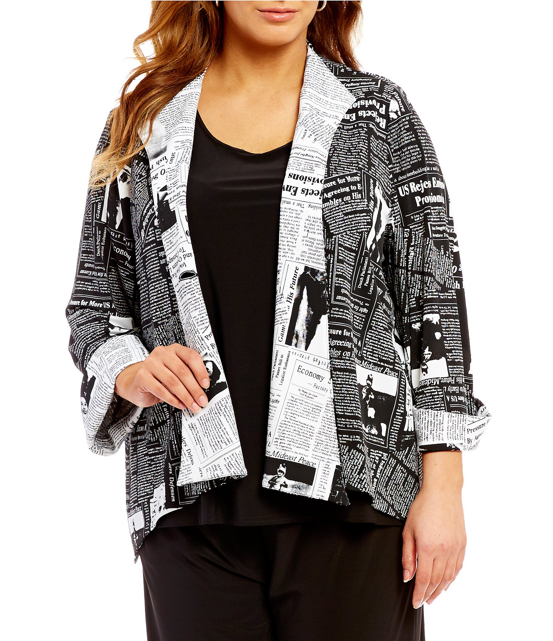 IC Collection Plus Newspaper Print One Button Front Asymmetrical Jacket ...