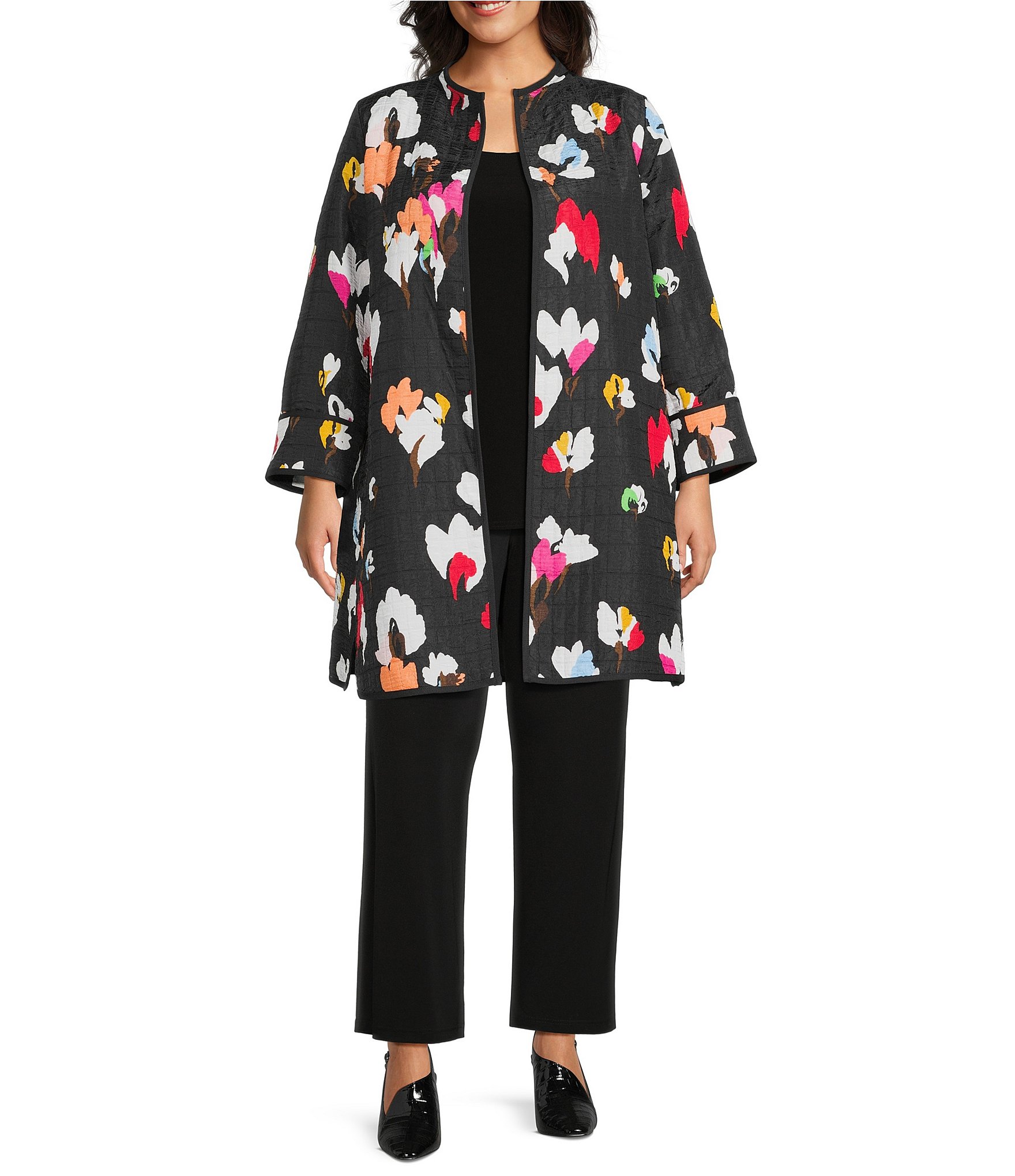 IC Collection Plus Size Floral Print High Scoop Neck Long Sleeve Jacket