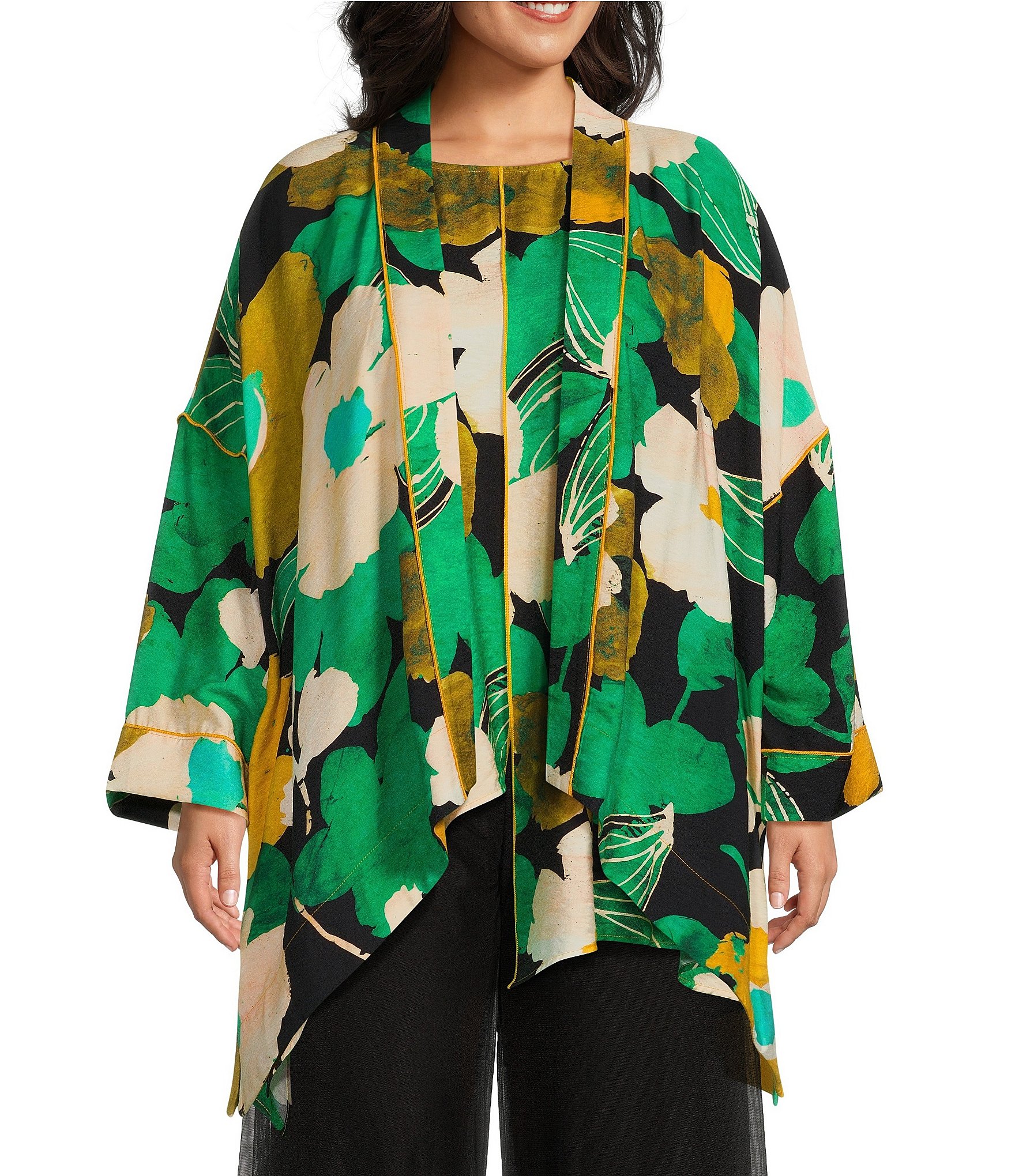 IC Collection Plus Size Floral Print Woven 3/4 Sleeve Open Front Kimono ...