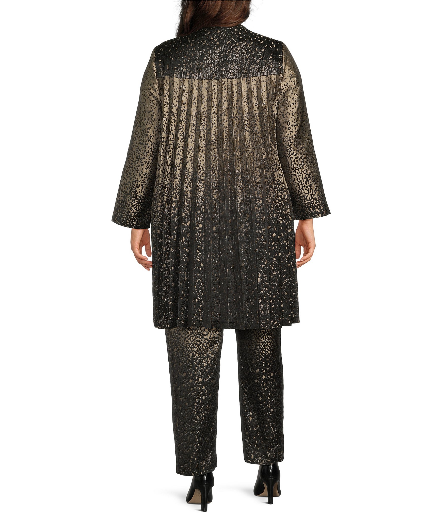 IC Collection Plus Size Metallic-Blend Ombre Round Neck 3/4 Sleeve Long Duster Jacket