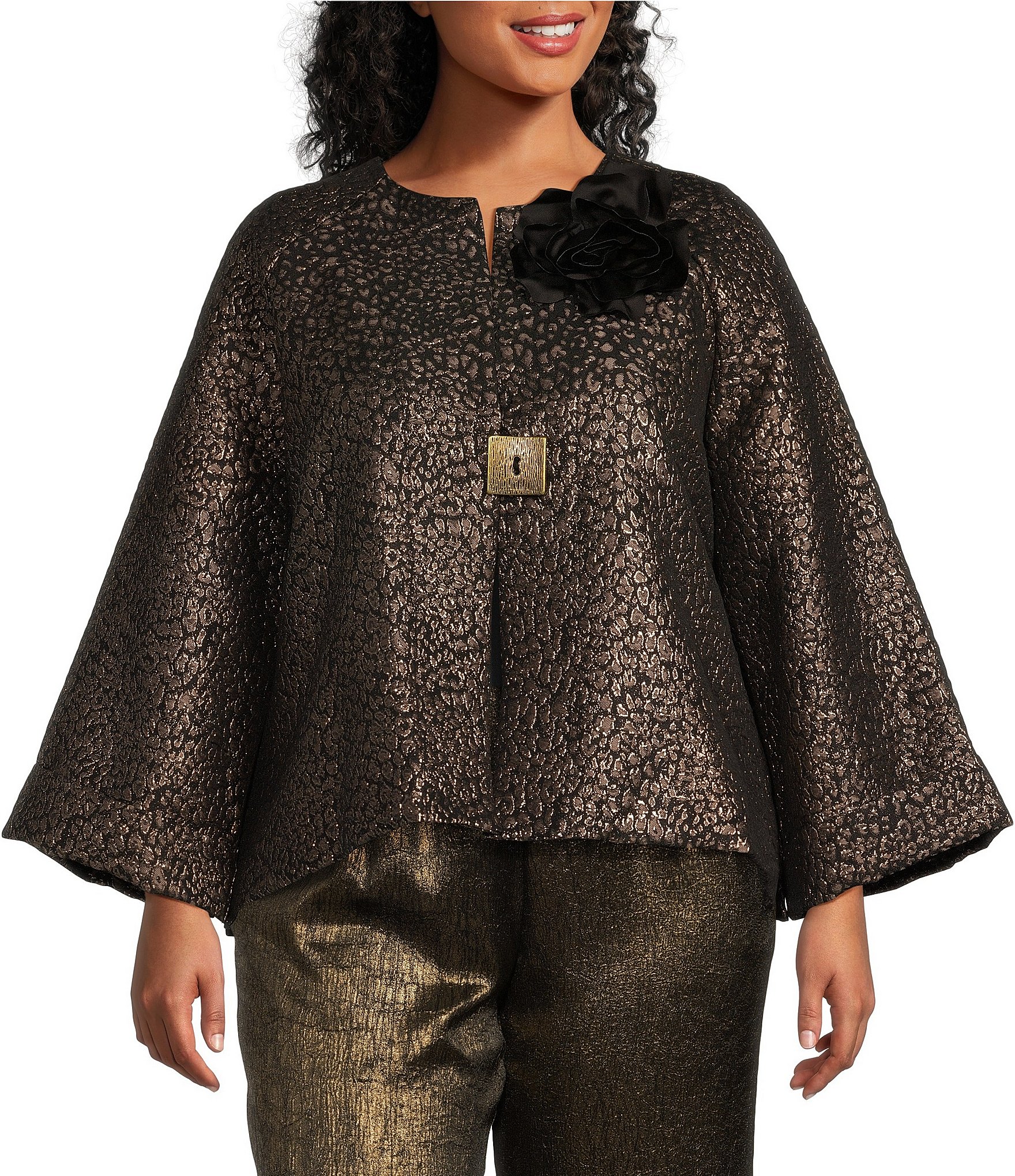 IC Collection Plus Size Metallic Texture Leopard High Round Neck One Button Jacket