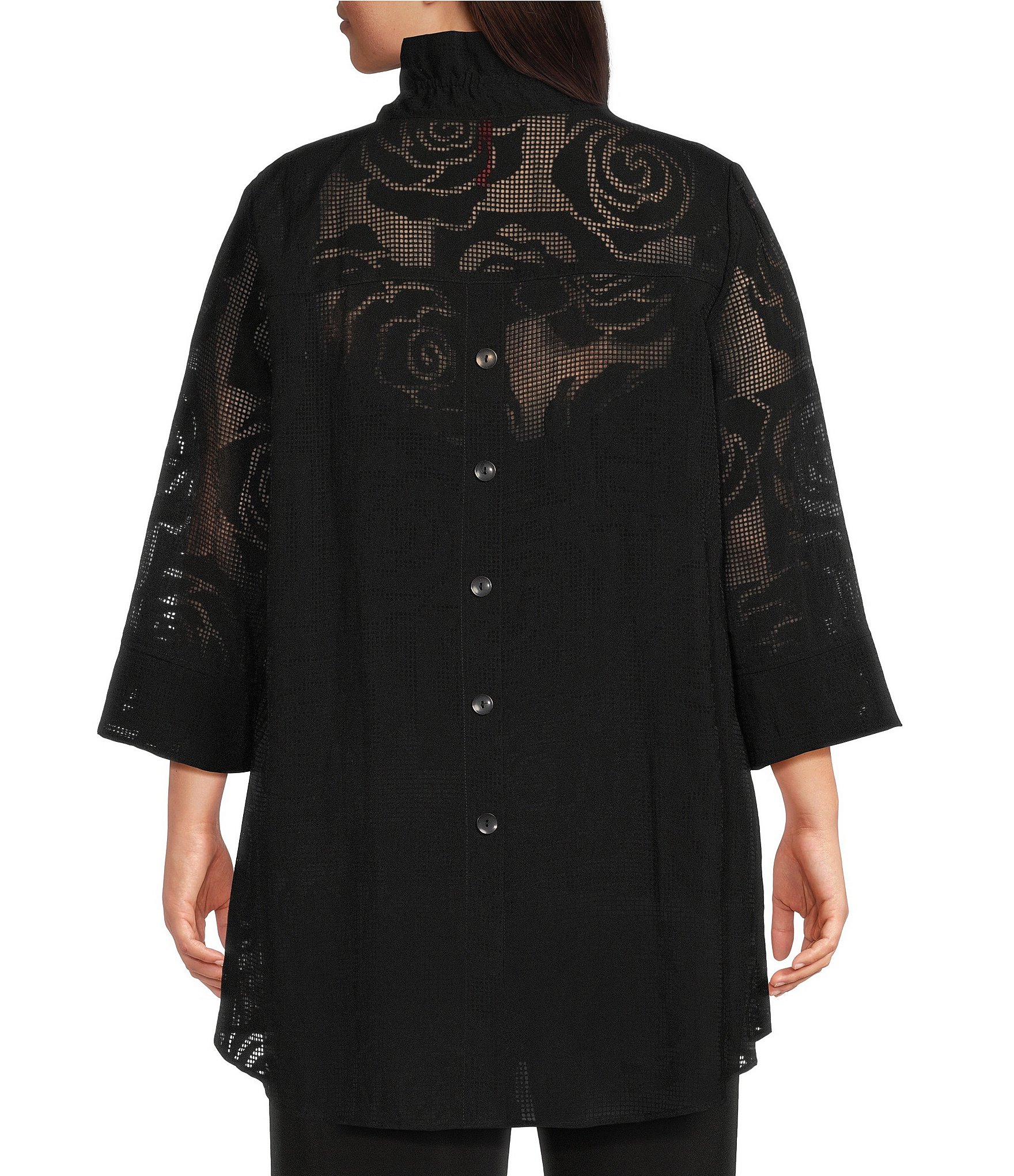 IC Collection Plus Size Rose Pattern Wire Ruffle Neck 3/4 Sleeve Button-Front Jacket