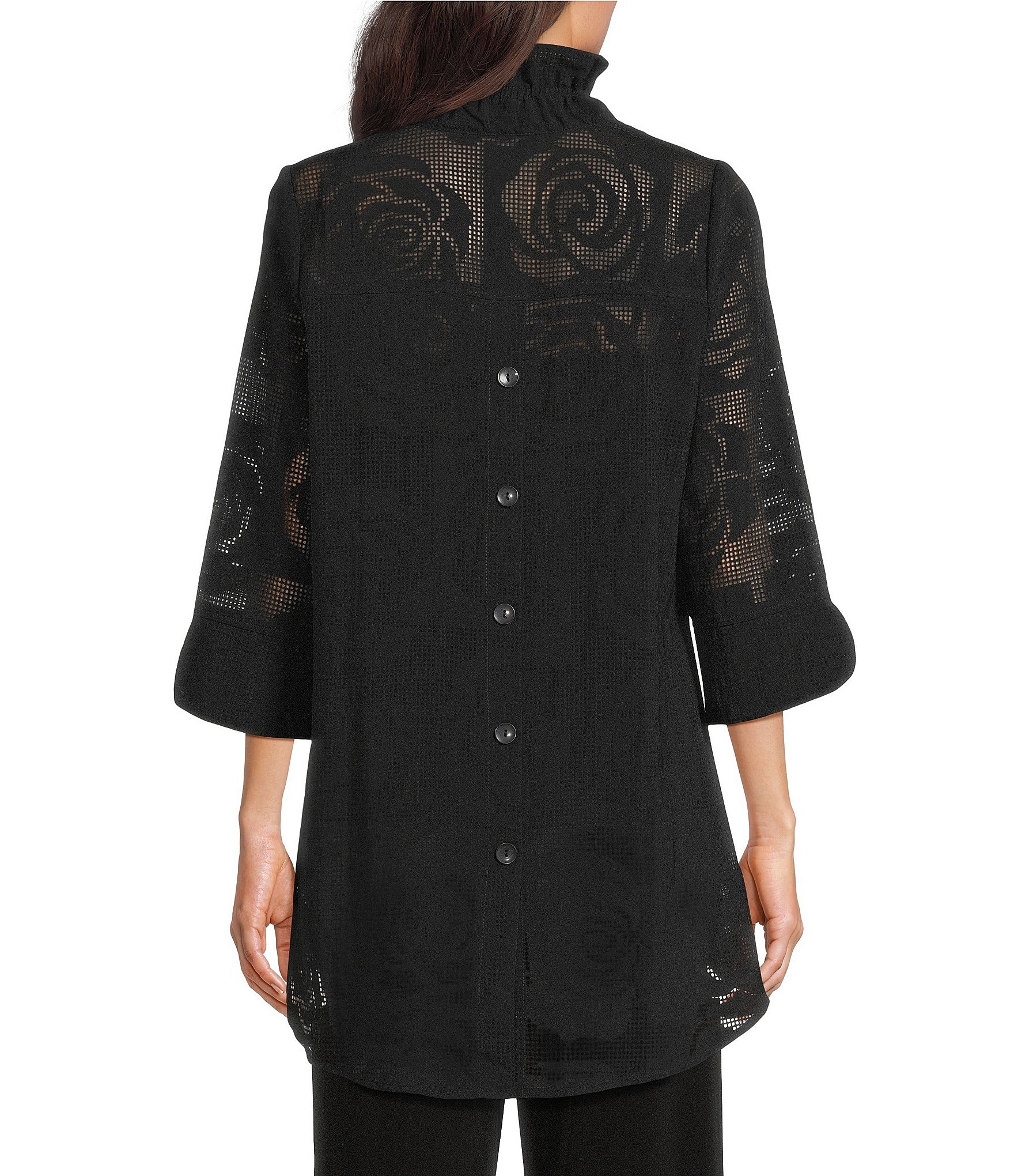IC Collection Rose Pattern Wire Ruffle Neck 3/4 Sleeve Button-Front Jacket