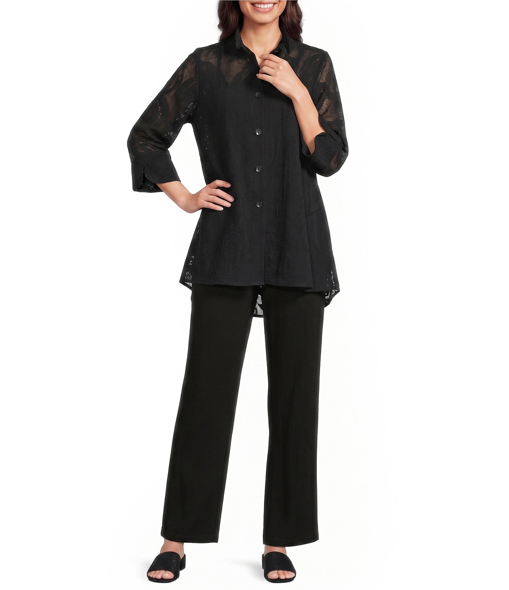 IC Collection Rose Pattern Wire Ruffle Neck 3/4 Sleeve Button-Front Jacket