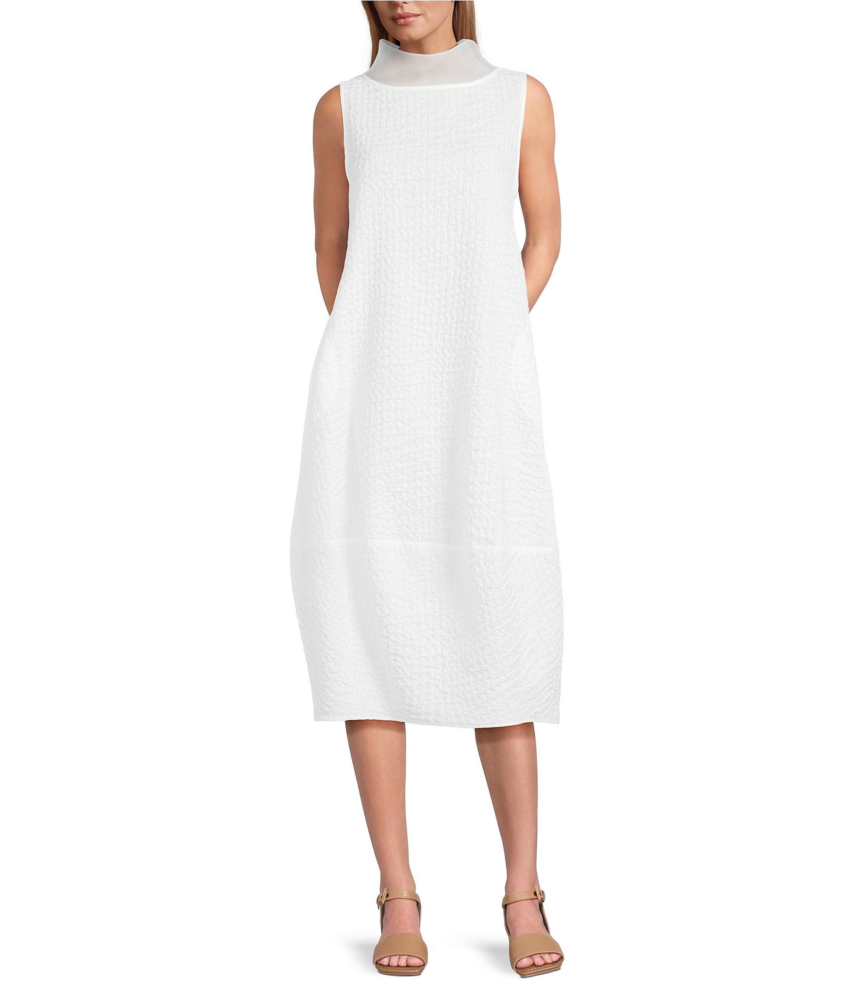 IC Collection Sleeveless Sheer Organza Funnel Neck Balloon Waistless Midi Dress