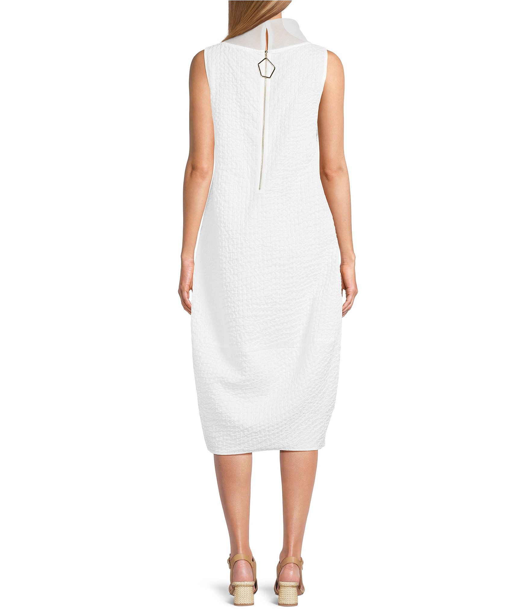 IC Collection Sleeveless Sheer Organza Funnel Neck Balloon Waistless Midi Dress