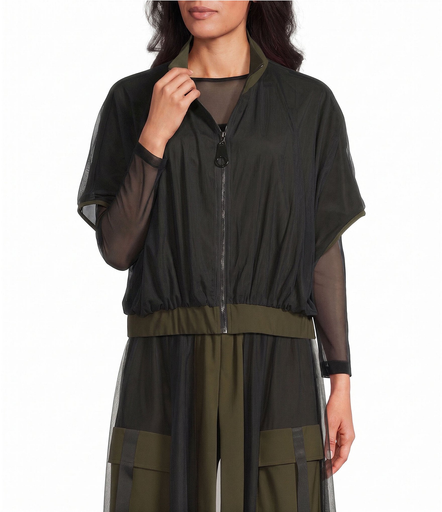 IC Collection Stand Collar Mesh Layered Zip-Front Coordinating Vest