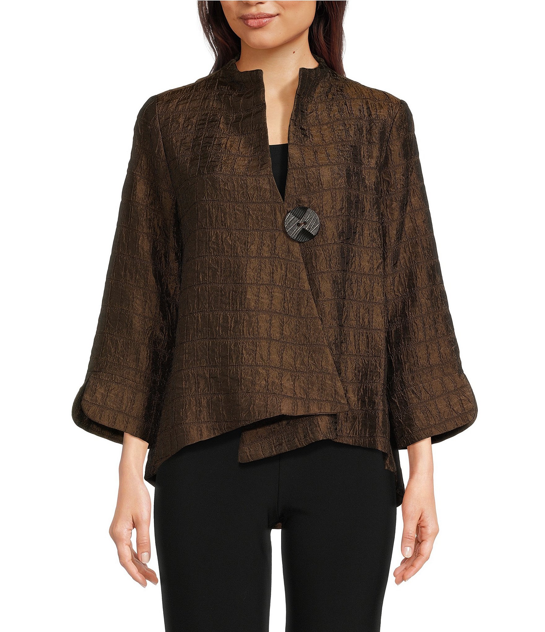 IC Collection Texture Woven High Neck Asymmetrical Hem One Button Jacket |  Dillard's