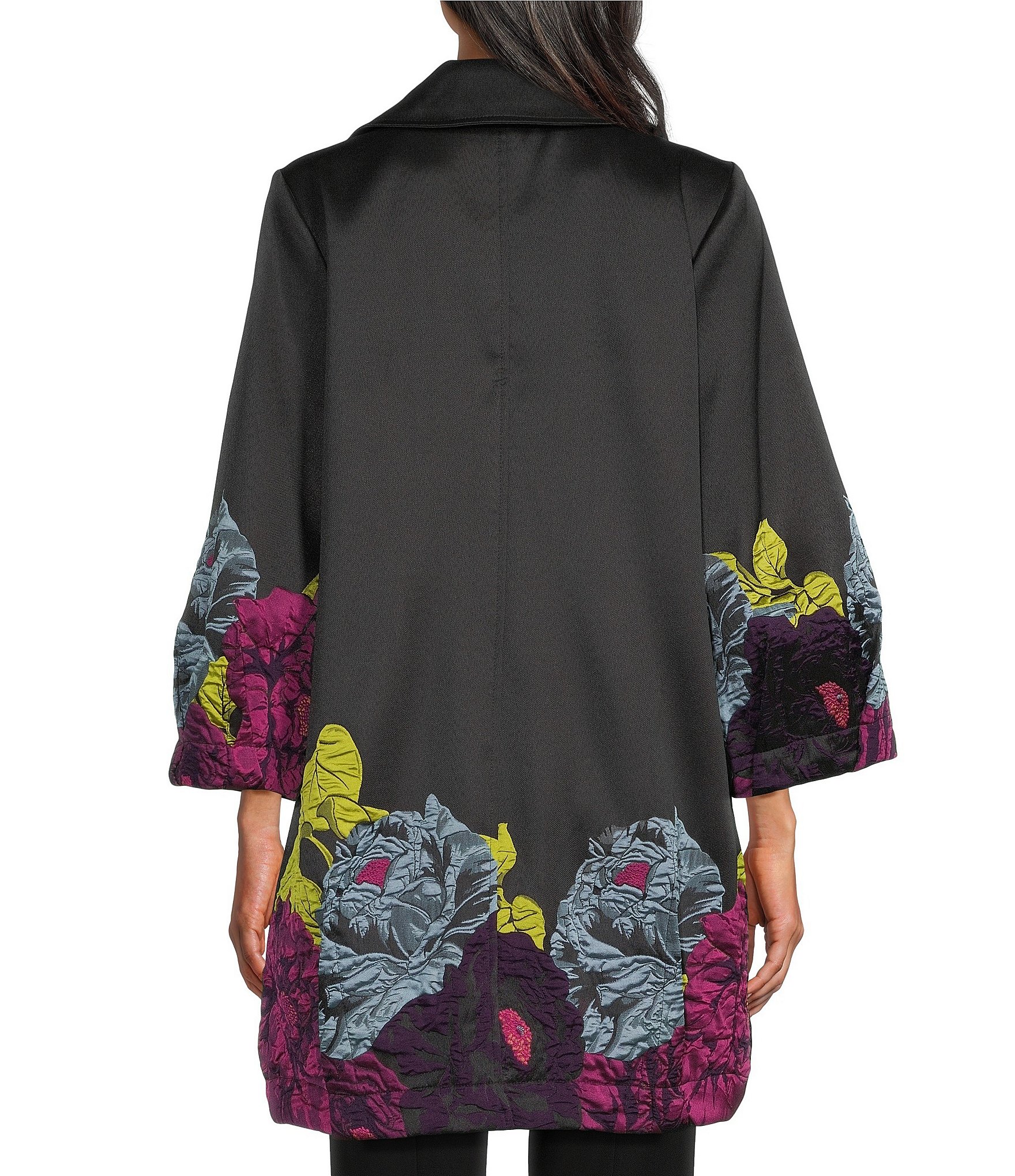 IC Collection Woven Floral Placement Print Spread Collar Bracelet Sleeve Button-Front Bubble Jacket