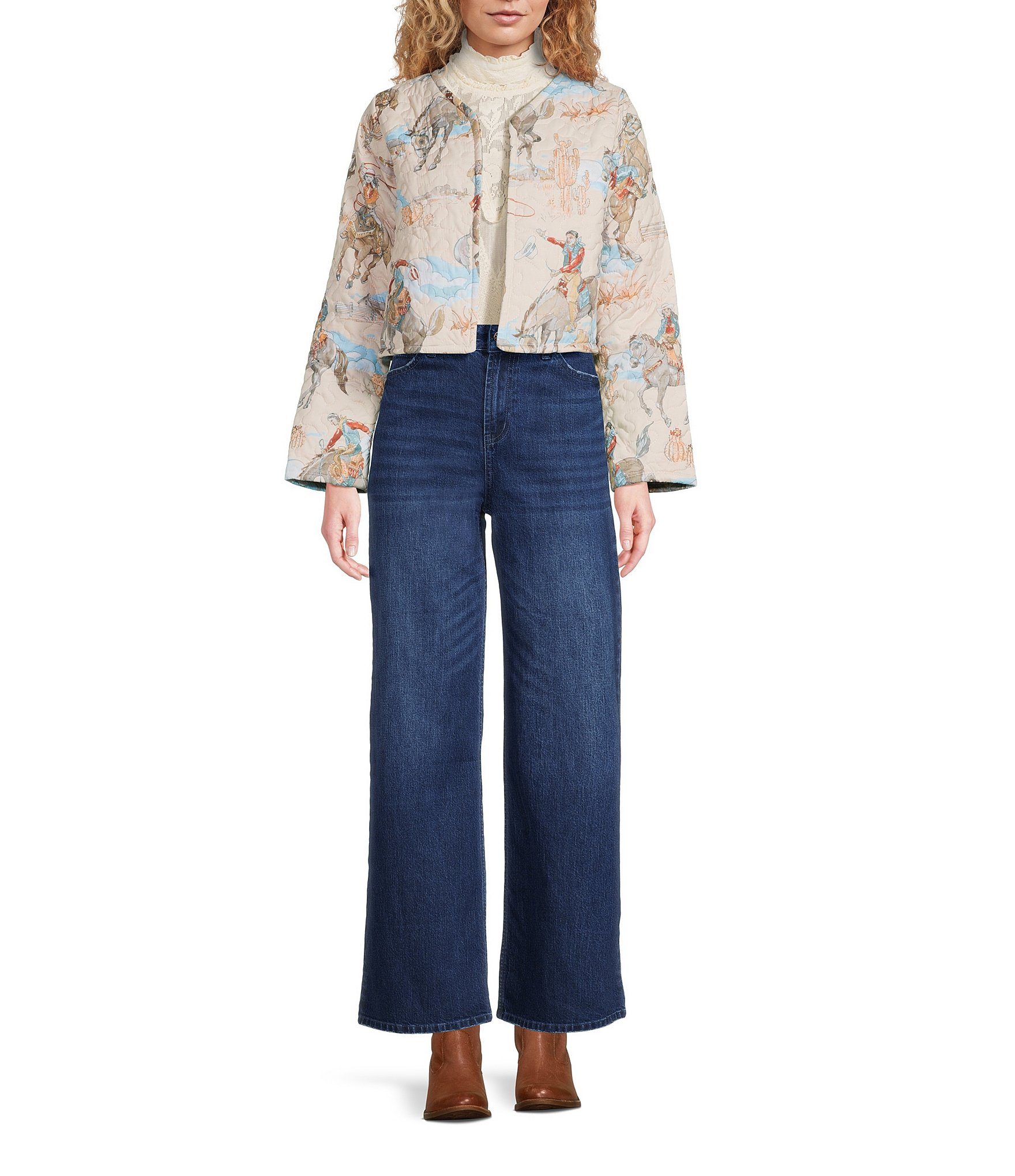 Ida Mae Home Western Print Open Front Long Sleeve Cropped Jacket