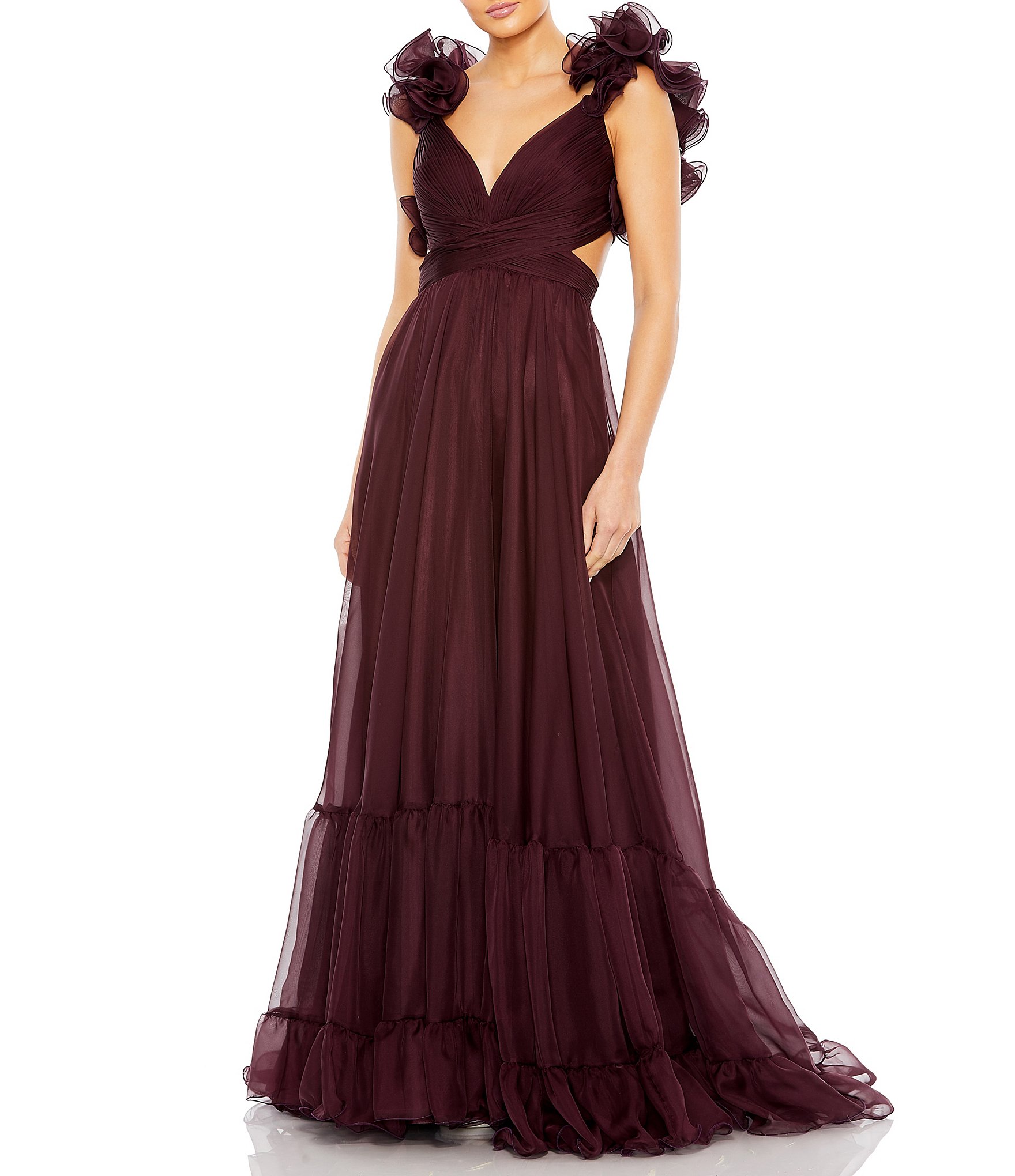 Ieena For Mac Duggal Chiffon V Neck Sleeveless Cut Out Strappy Back Detail Tiered Ruffle Hem