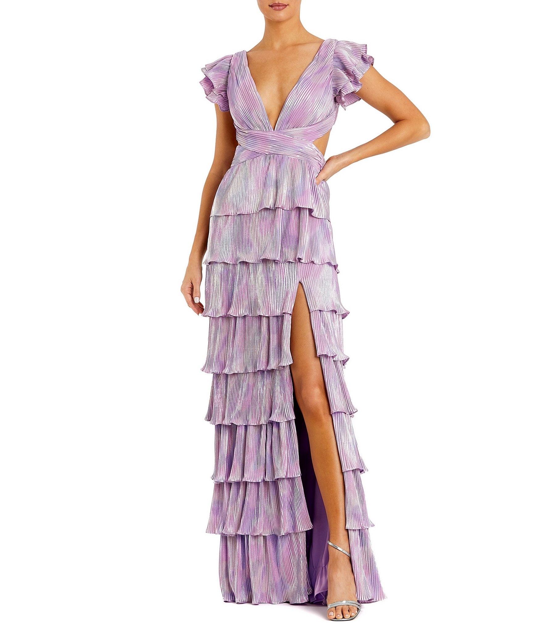 Ieena for Mac Duggal Deep V-Neck Ruffle Shoulder Cap Sleeve Side Cut-Out Tiered Thigh High Slit Gown