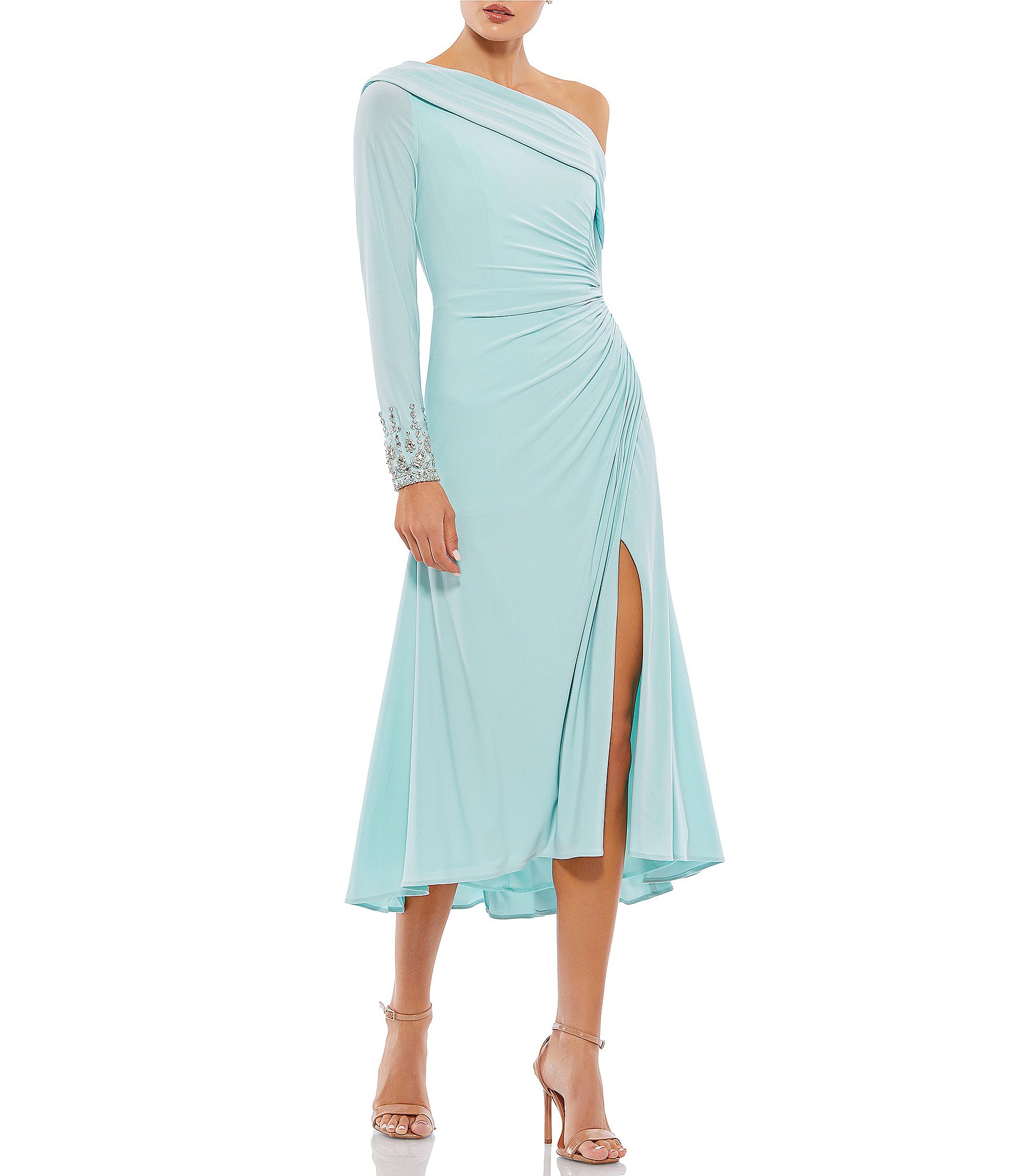 Mac Duggal Beaded Cuff Drop Shoulder Asymmetrical One Shoulder Long Sleeve Thigh  High Slit Gown