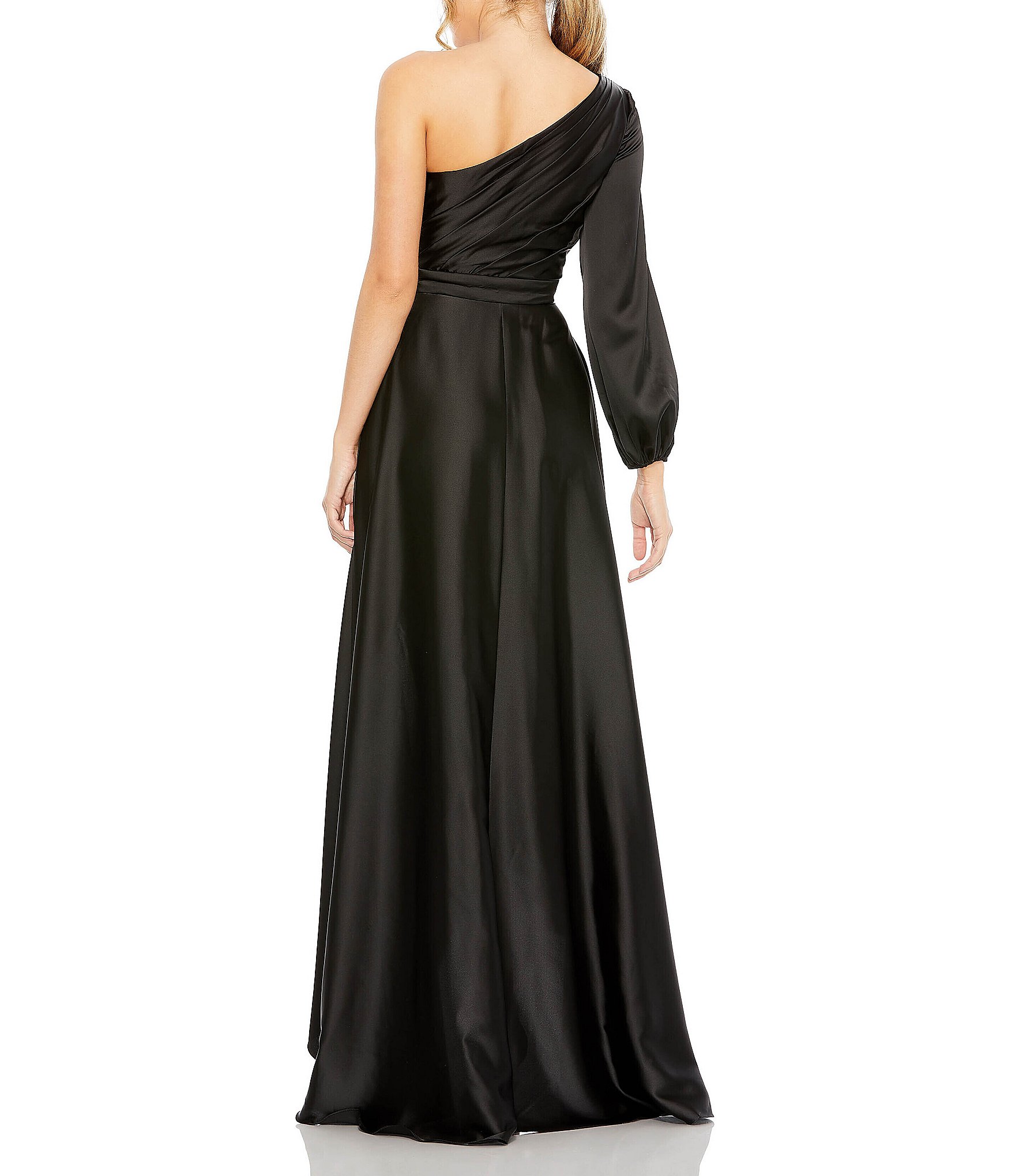 Ieena for Mac Duggal One Shoulder Asymmetrical Neckline Long Sleeve High-Low Dress