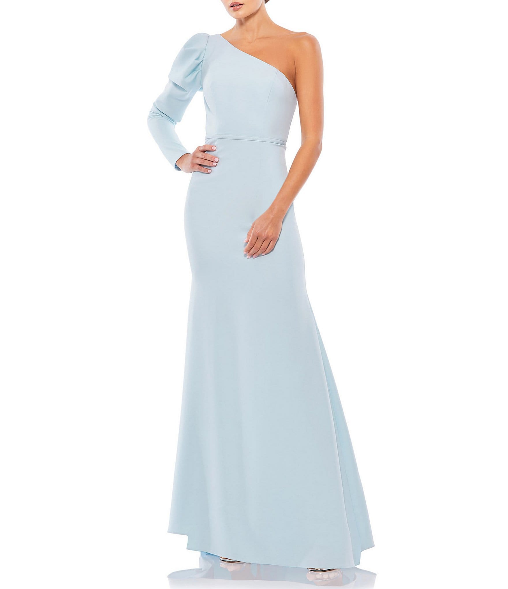 Ieena for Mac Duggal One Shoulder Long Puff Sleeve Gown | Dillard's