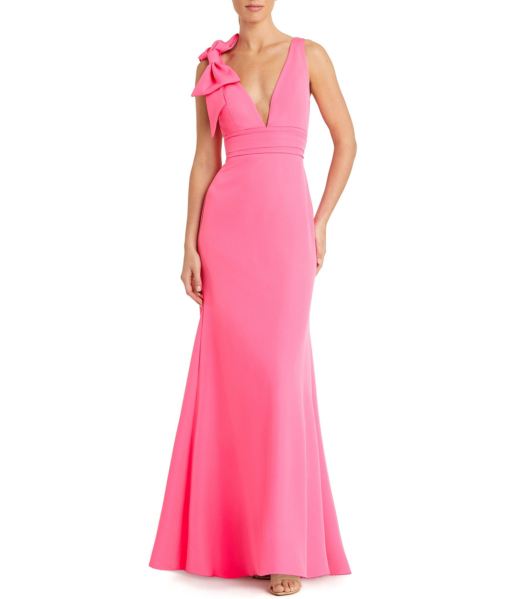 Ieena For Mac Duggal Plunging V Neck Bow Shoulder Sleeveless Low Back