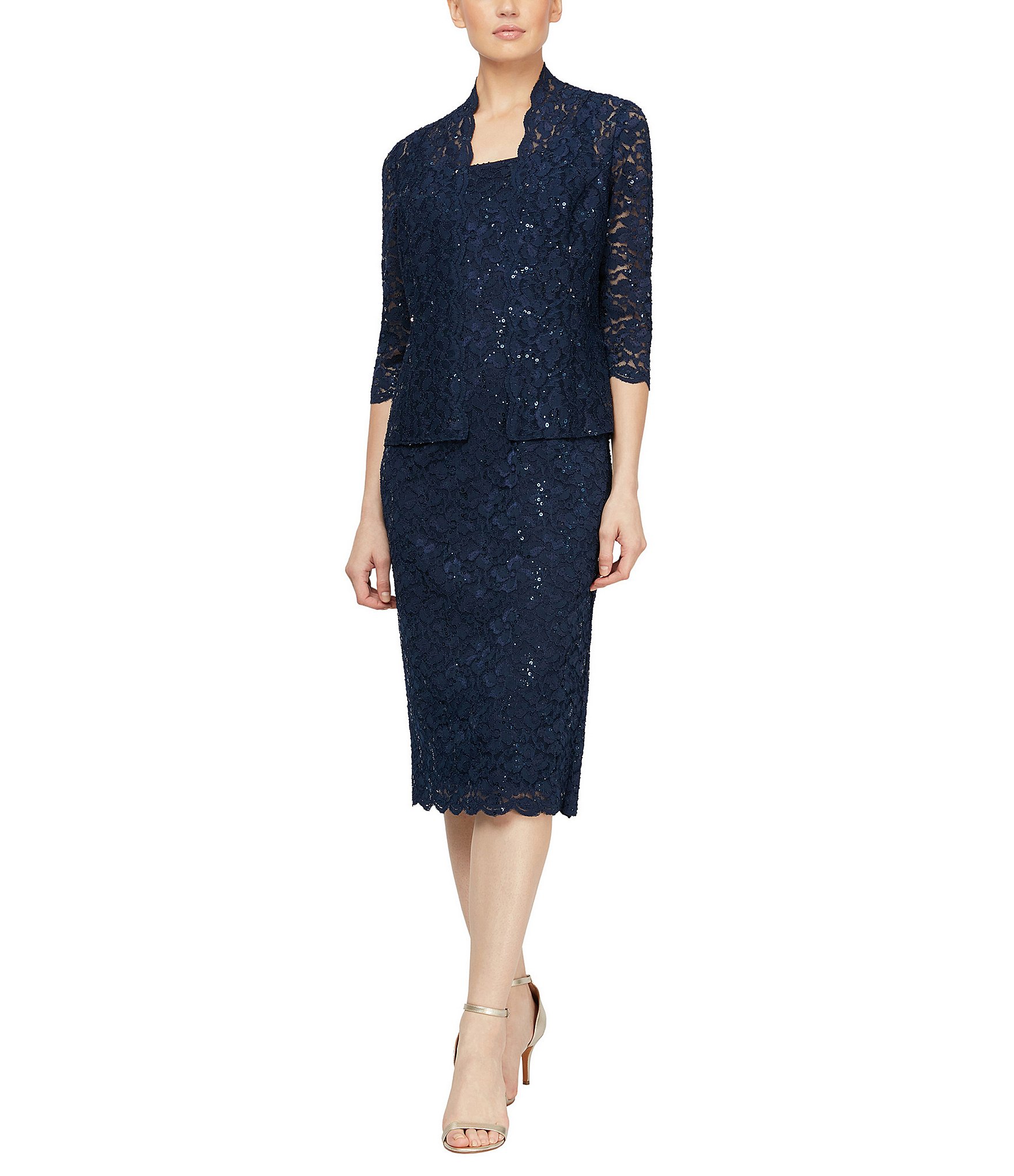 Ignite Evenings 3/4 Sleeve Square Neck Sequin Lace 2-Piece Jacket Dress ...